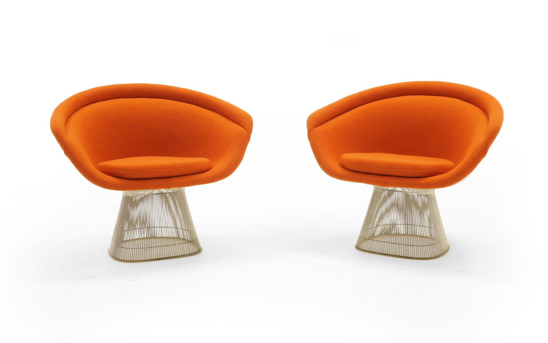 Pair of lounge chairs designed by Warren Platner. These are very early production and expertly restored and reupholstered in Maharam Redhead soft wool fabric. A stunning set.