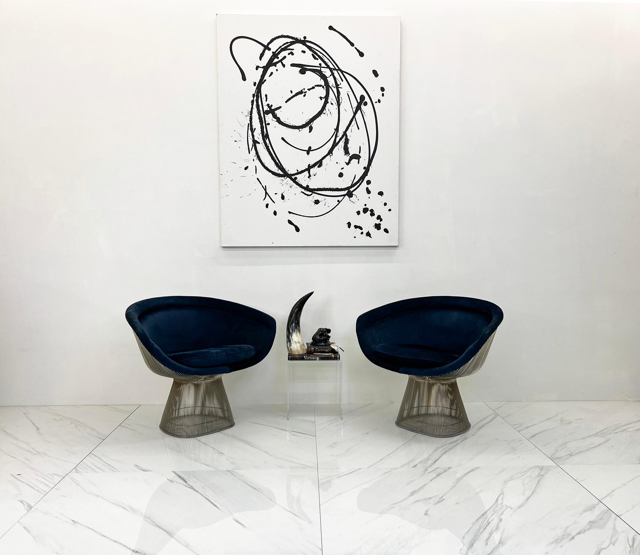 Warren Platner Lounge Chairs in Sapphire Velvet, A Pair  For Sale 5