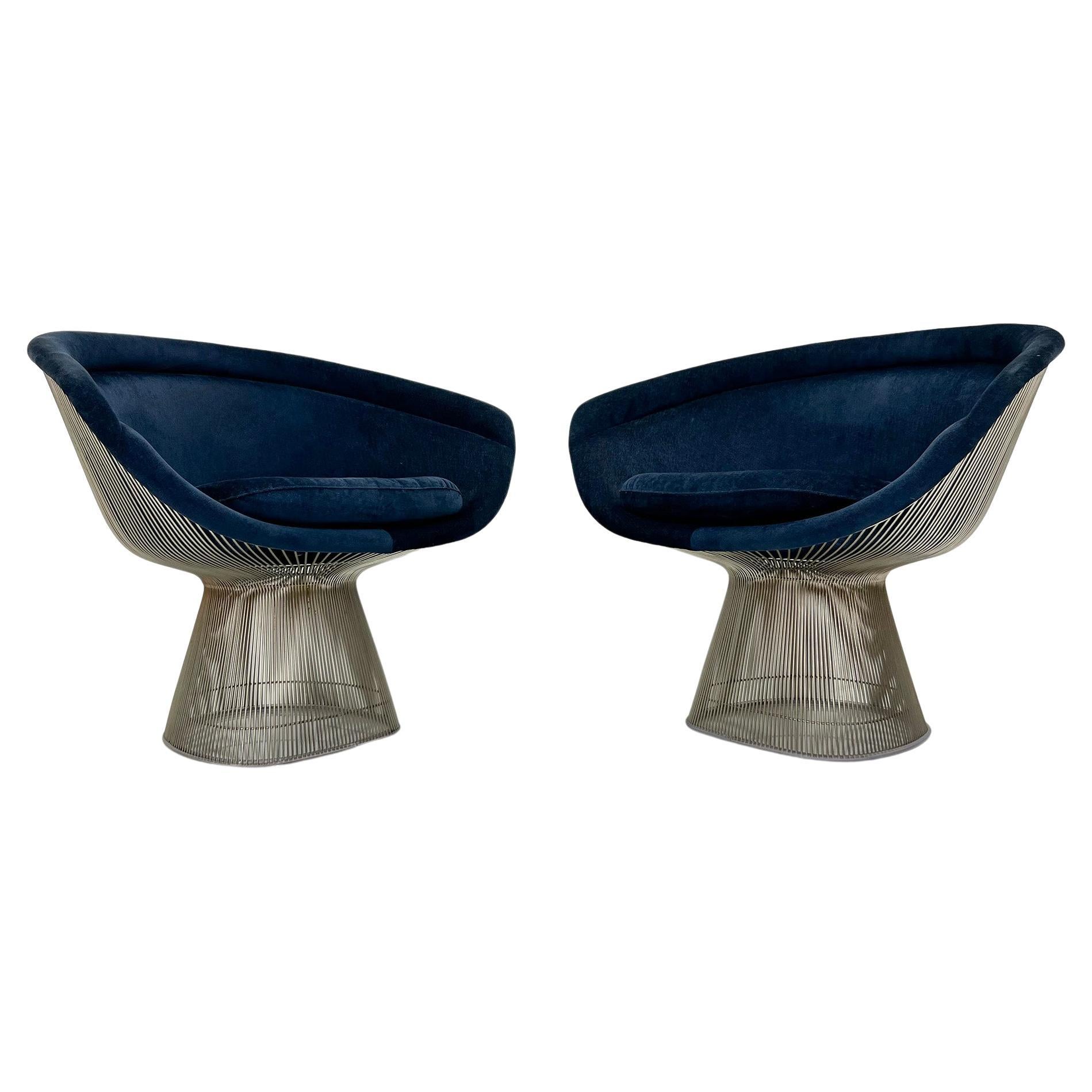 Warren Platner Lounge Chairs in Sapphire Velvet, A Pair For Sale
