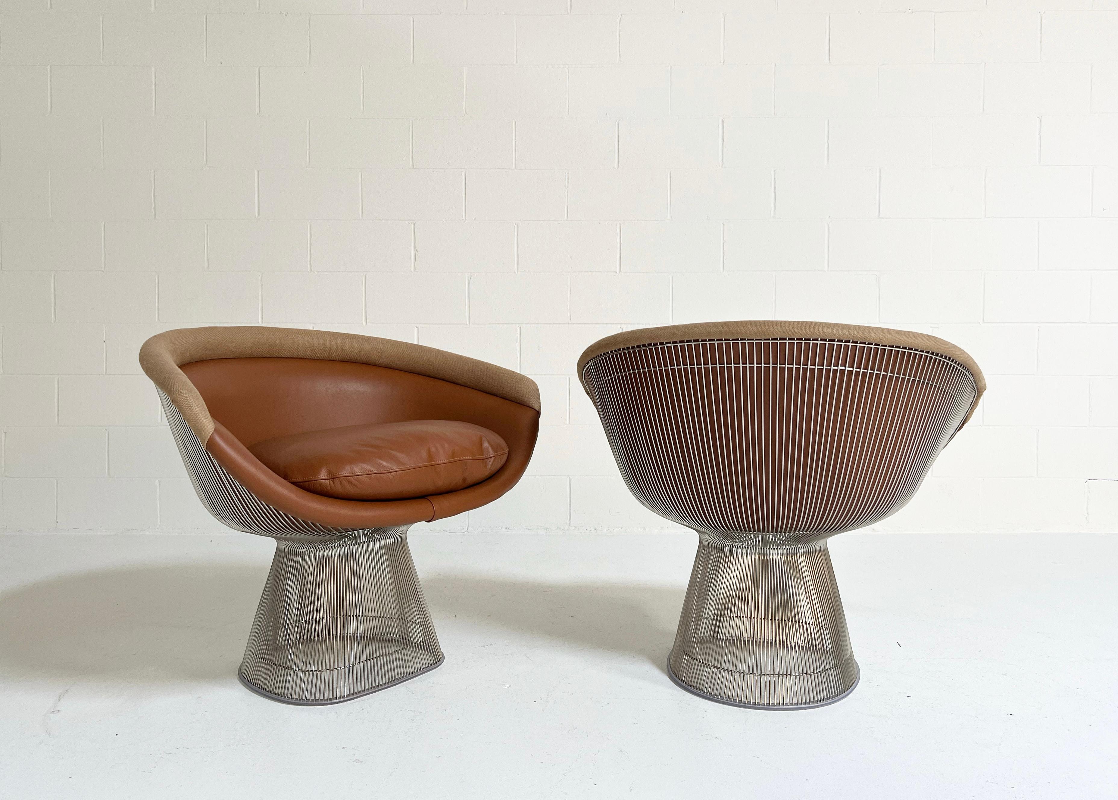 Mid-Century Modern Warren Platner Lounge Chairs, Restored in Loro Piana Leather and Linen, Pair