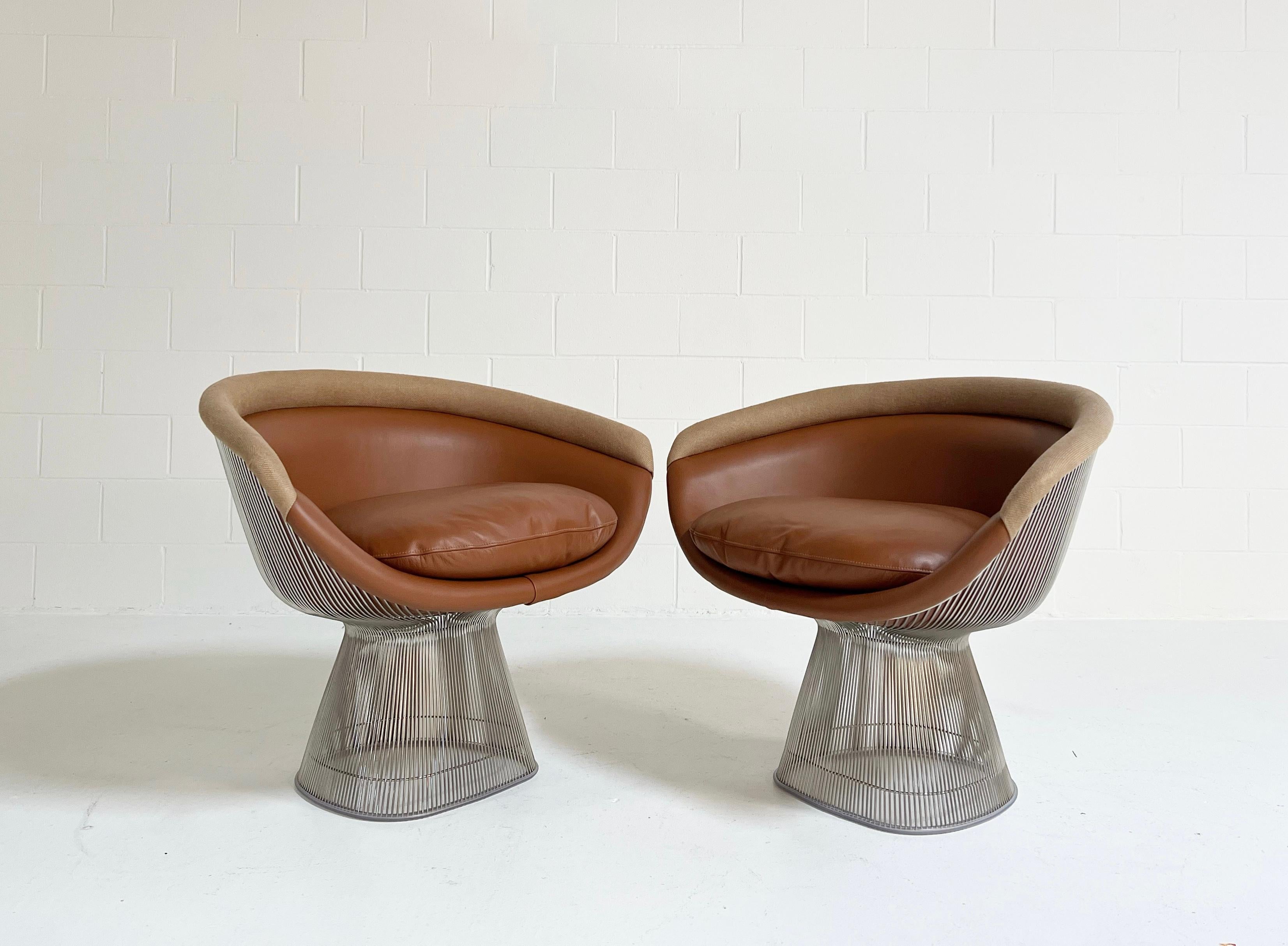 Warren Platner Lounge Chairs, Restored in Loro Piana Leather and Linen, Pair In Excellent Condition In SAINT LOUIS, MO
