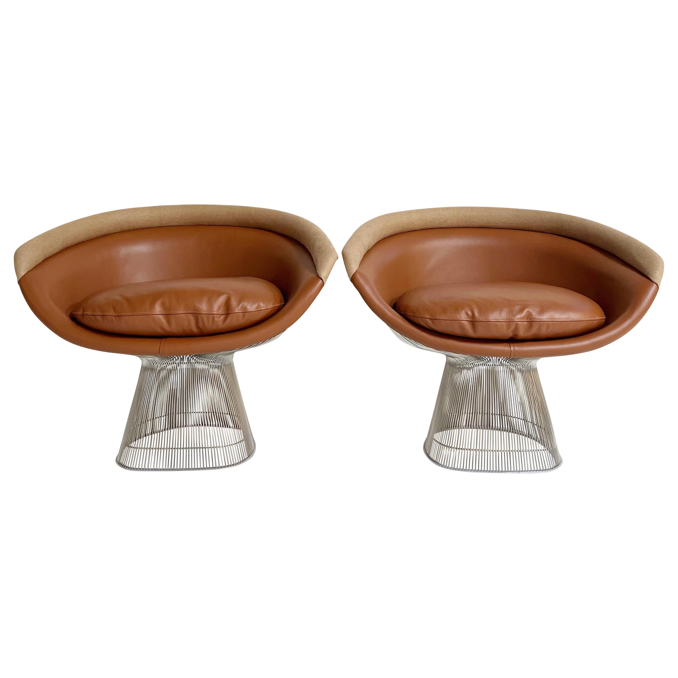 Warren Platner Loungesessel, restauriert in Loro Piana Leder und Leinen, Paar im Angebot