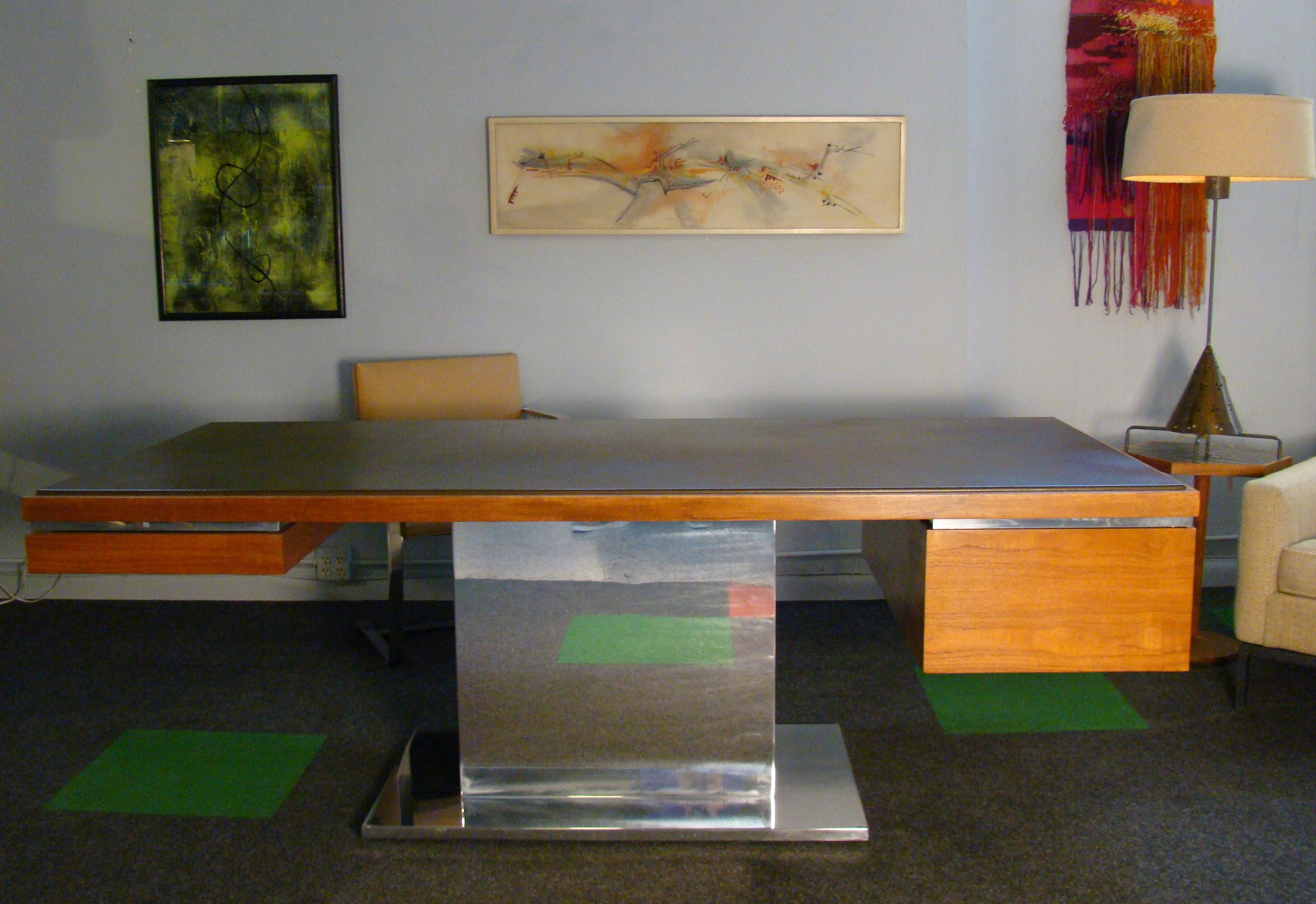 Warren Platner Modernist Executive Desk in Leather, Teak and Steel, 1970s, USA 3