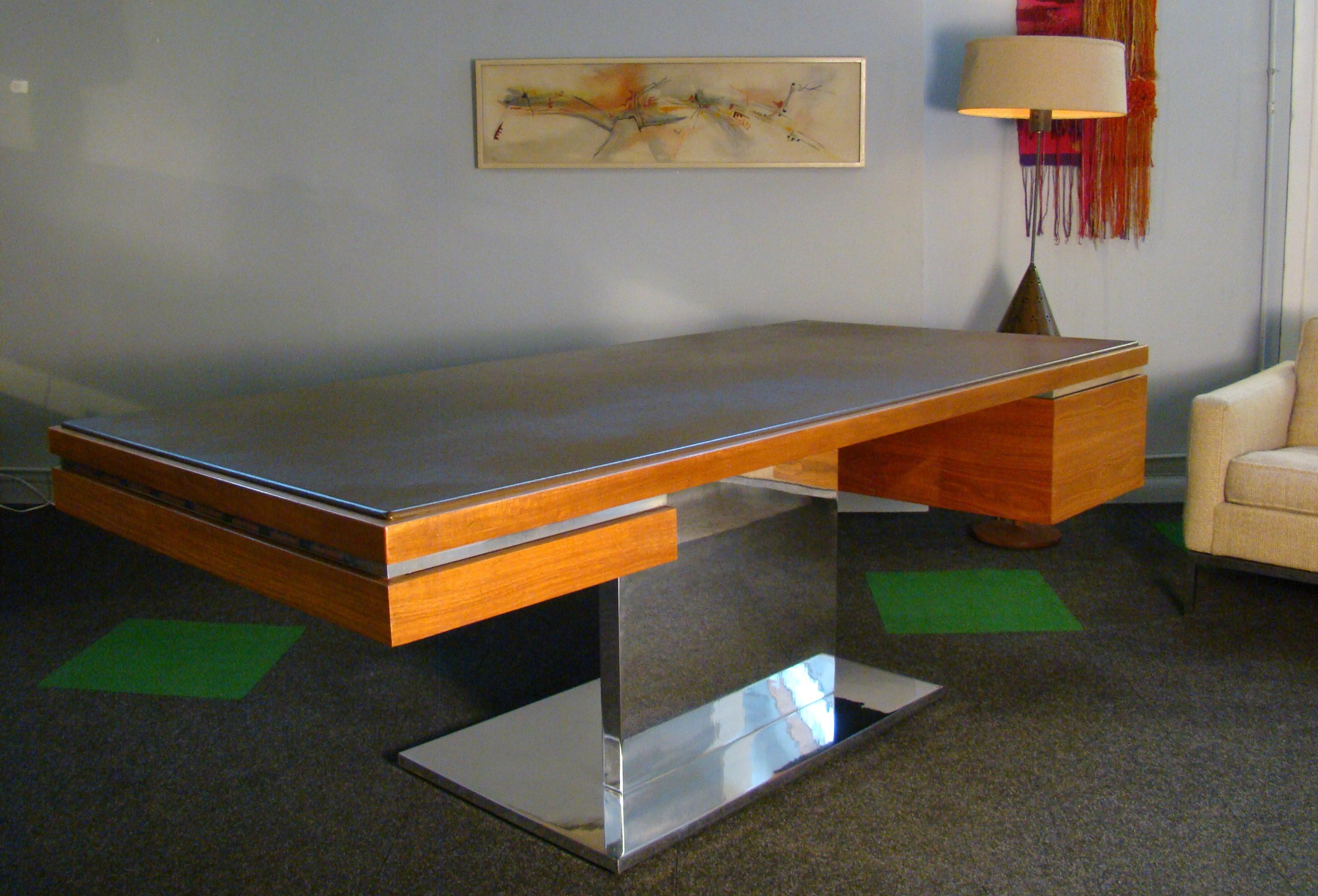 Warren Platner Modernist Executive Desk in Leather, Teak and Steel, 1970s, USA 8