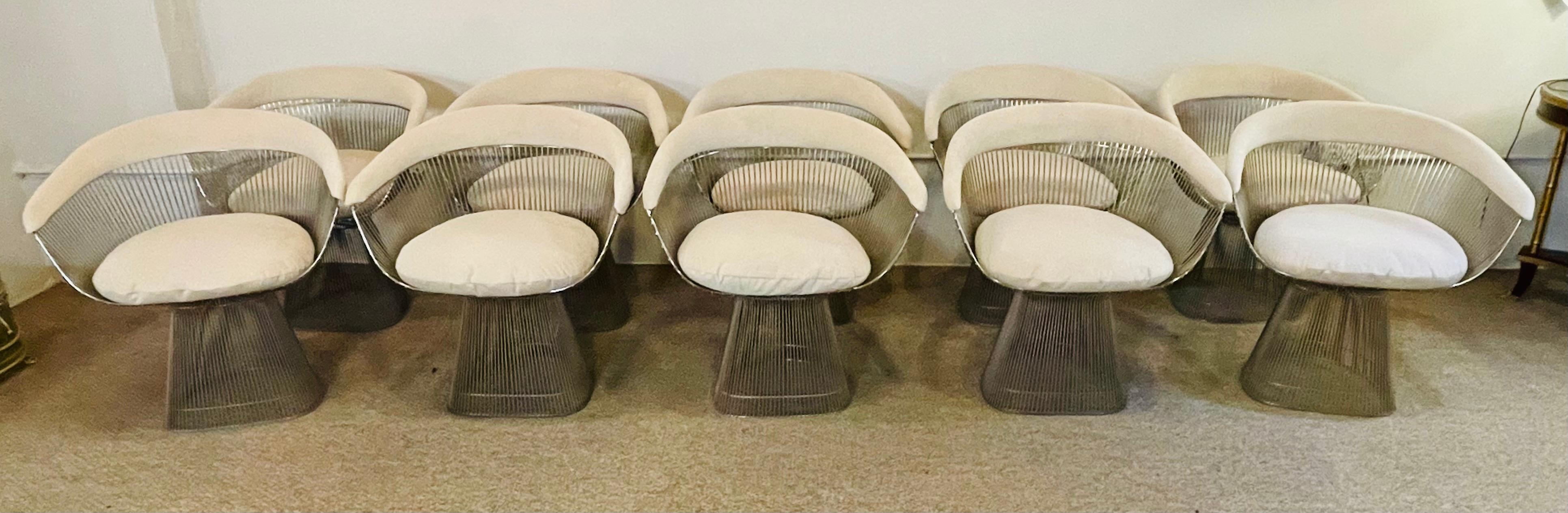 Ten Platner arm chairs vintage circa 1970s. New fabric. In 1966, the Platner Collection captured the “decorative, gentle, graceful” shapes that were beginning to infiltrate the modern vocabulary. The Arm Chair, which can be used as a dining chair or