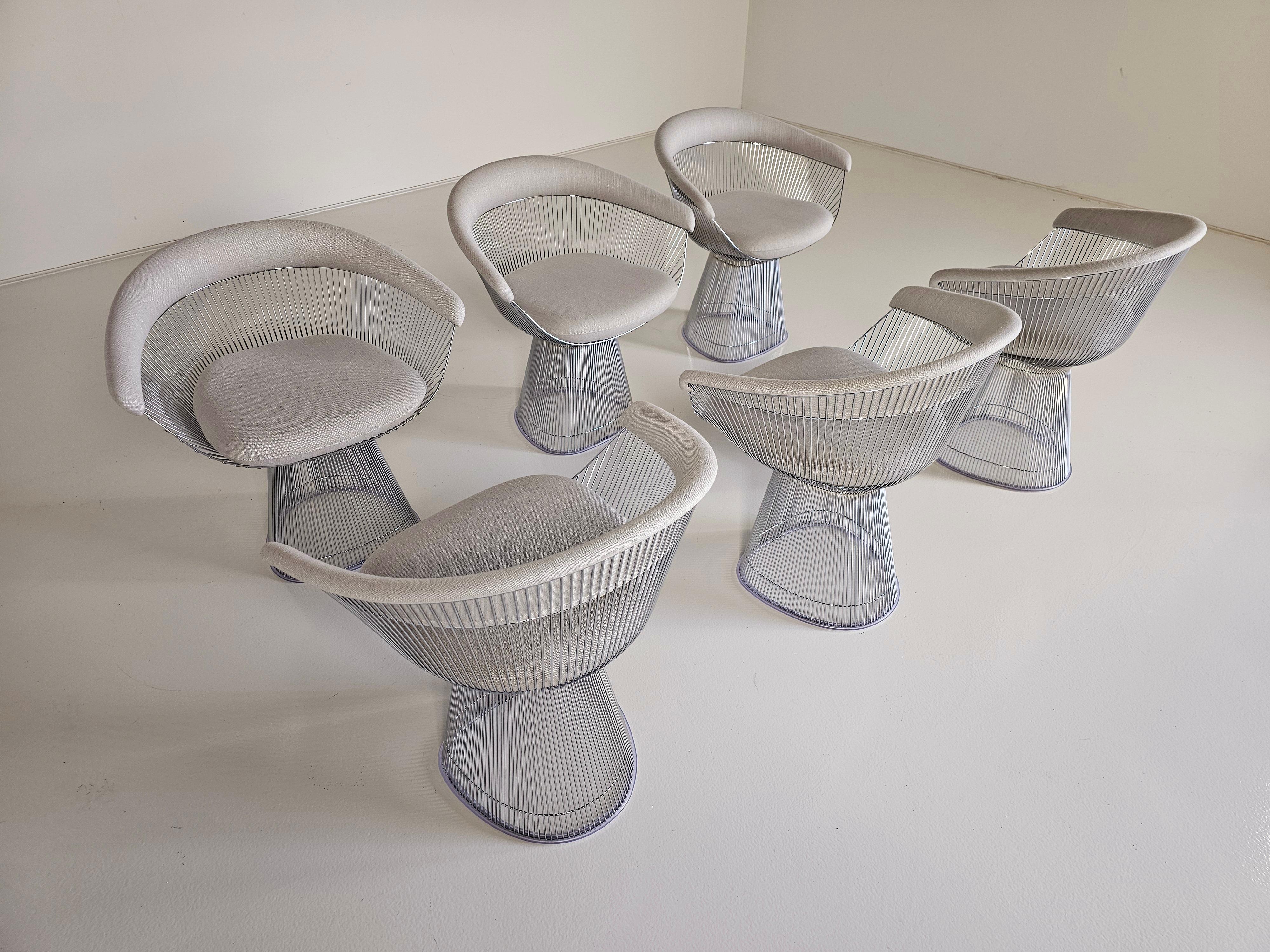 Italian Set of 6 Warren Platners Chairs in cream/beige fabric by Knoll International