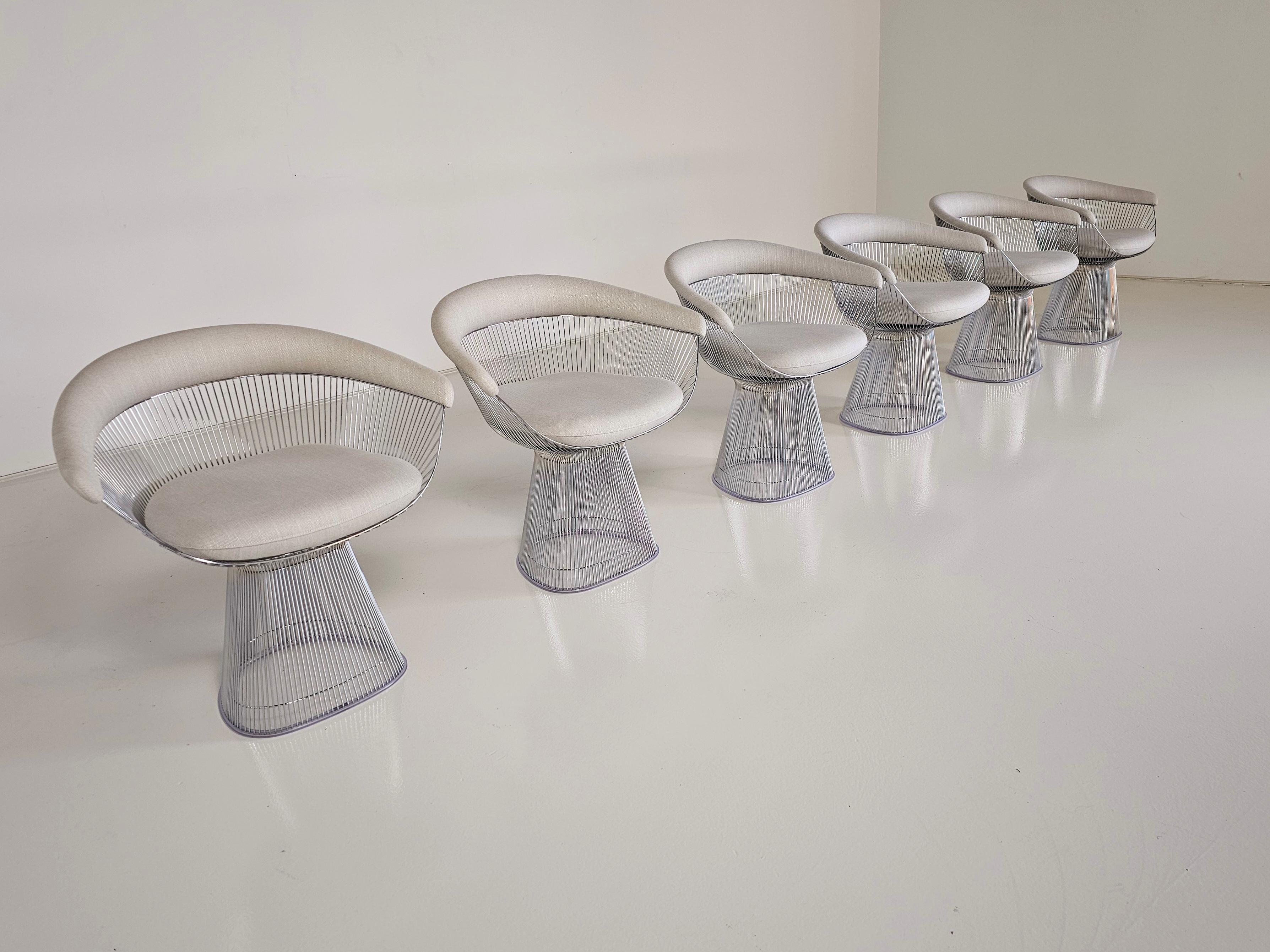 Wool Set of 6 Warren Platners Chairs in cream/beige fabric by Knoll International