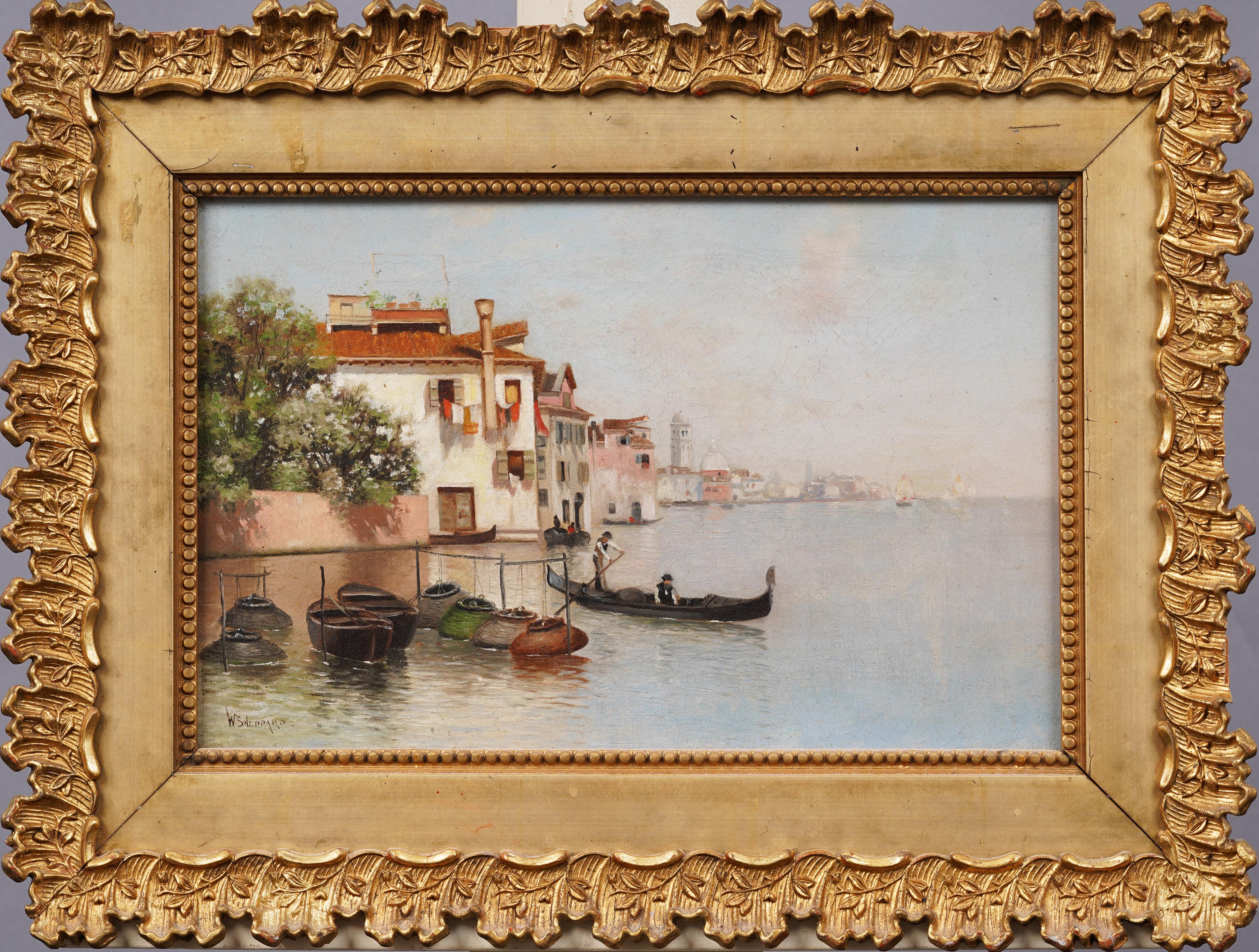 Antique American Impressionist in Venice Italy Framed Canal Cityscape Painting - Brown Landscape Painting by Warren W. Sheppard
