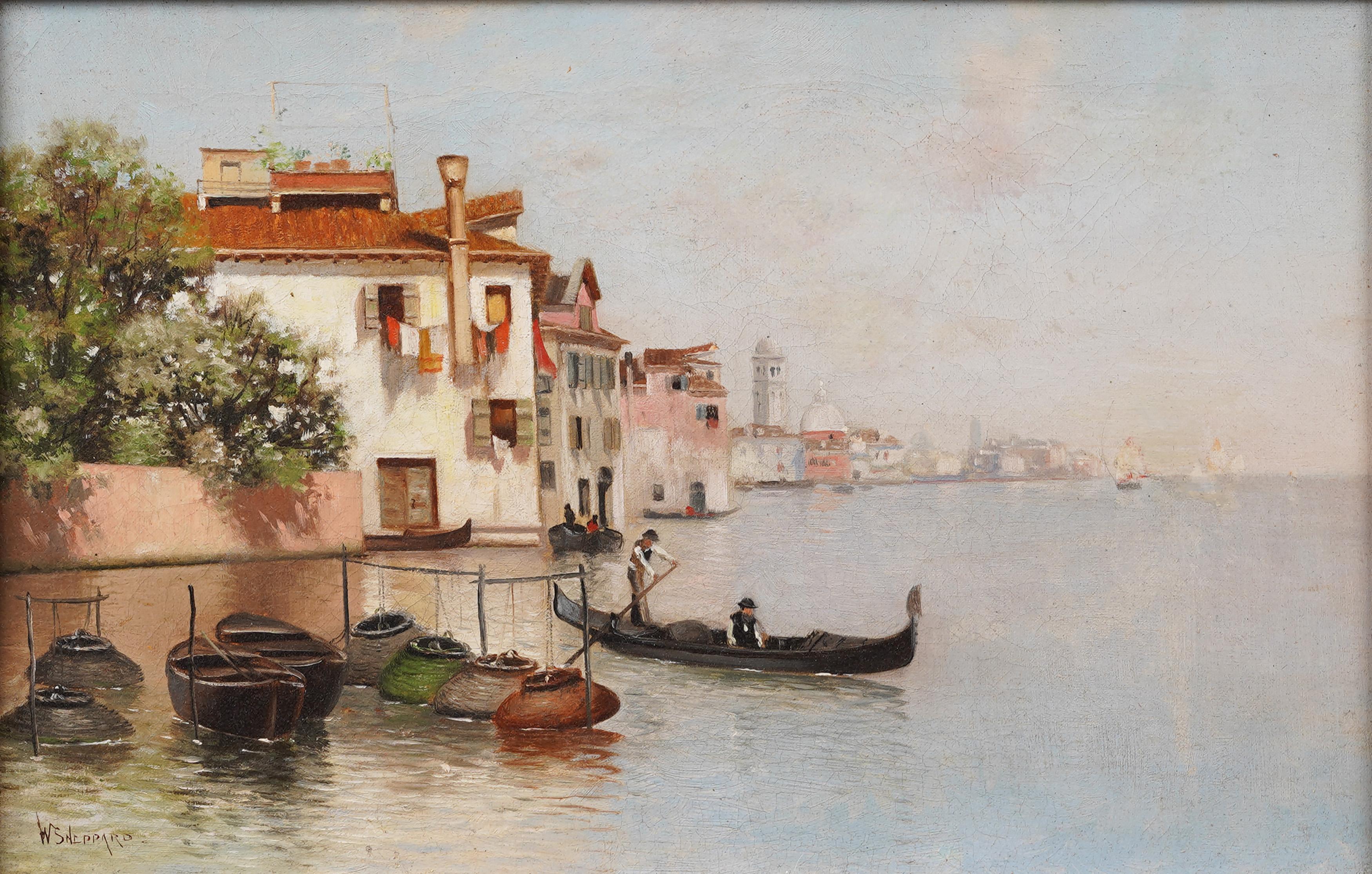 19th century American artist painting in Italy.  Venice cityscape oil painting by Warren W. Sheppard (1858 - 1937).  Framed.  Oil on canvas.  Signed.  Image size, 10H by 14L.