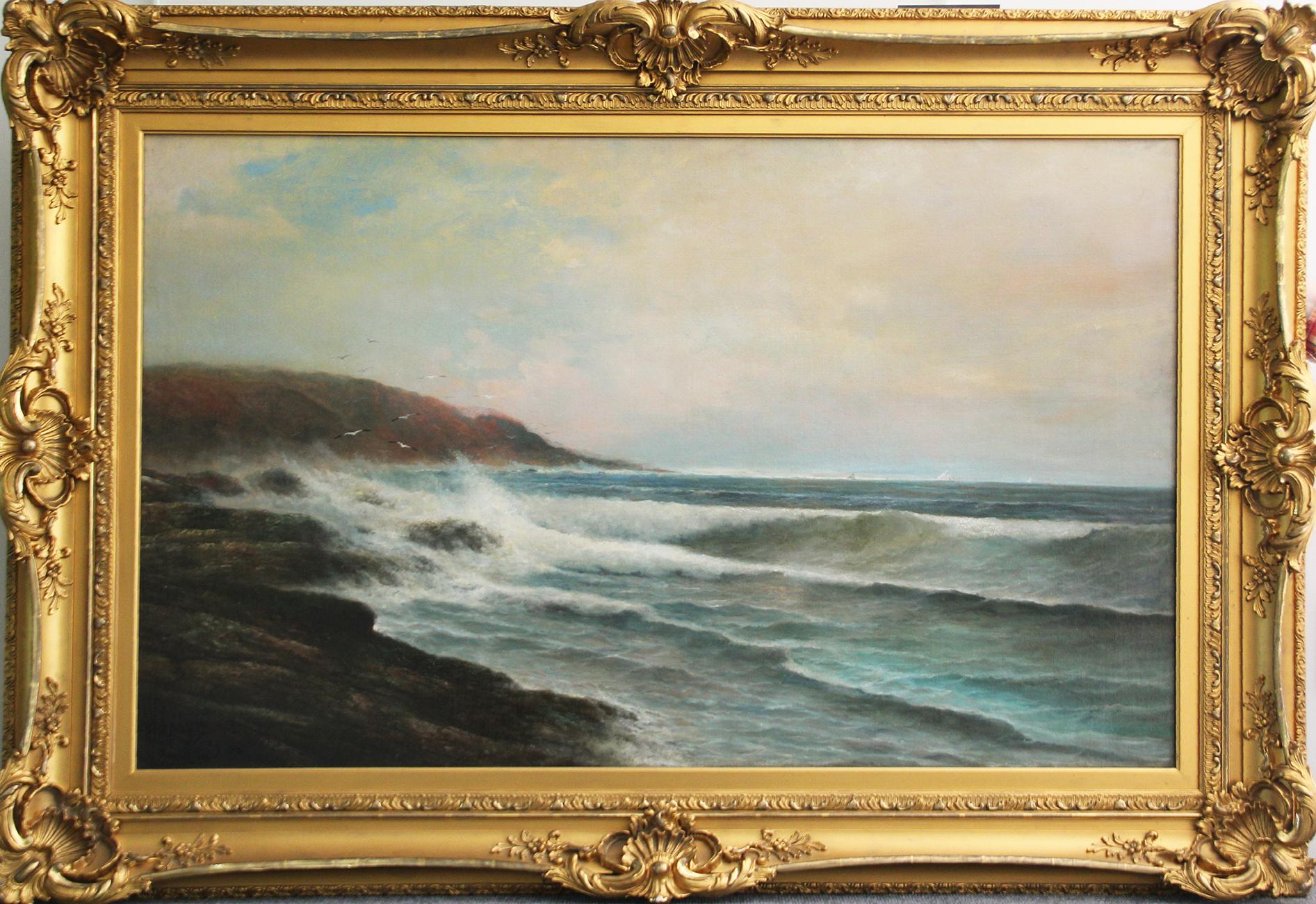 "Breakers Along the Rocky Shore, Nantasket Beach, MA" by Warren Sheppard is a 30" x 48" oil on canvas marine scene painting. It comes from the private collection of Gerry Lenfest and is Signed Lower Left "Warren Sheppard". It is framed in a period