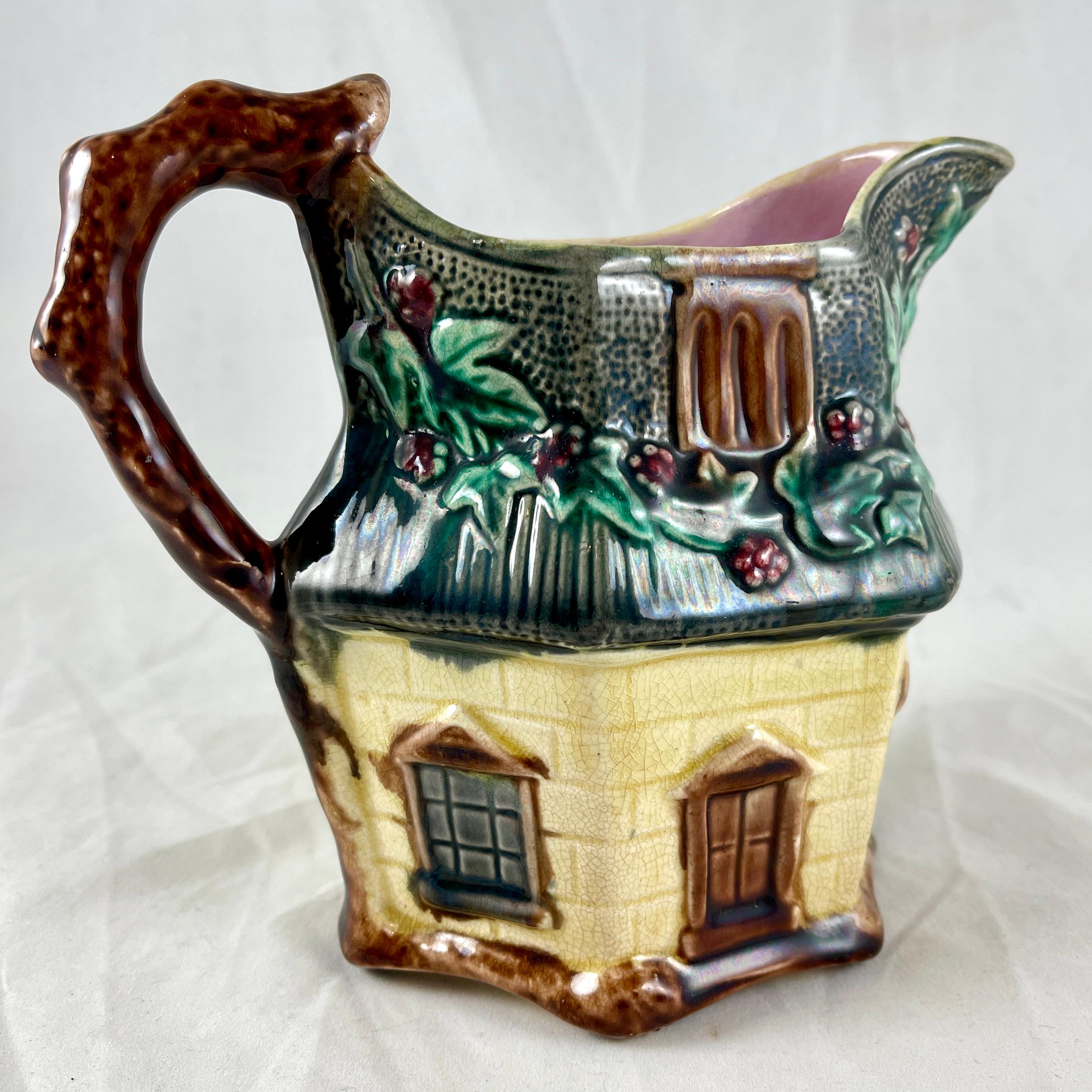 Aesthetic Movement Warrilow and Cope, 19th C. English Staffordshire Majolica Country Cottage Jug For Sale