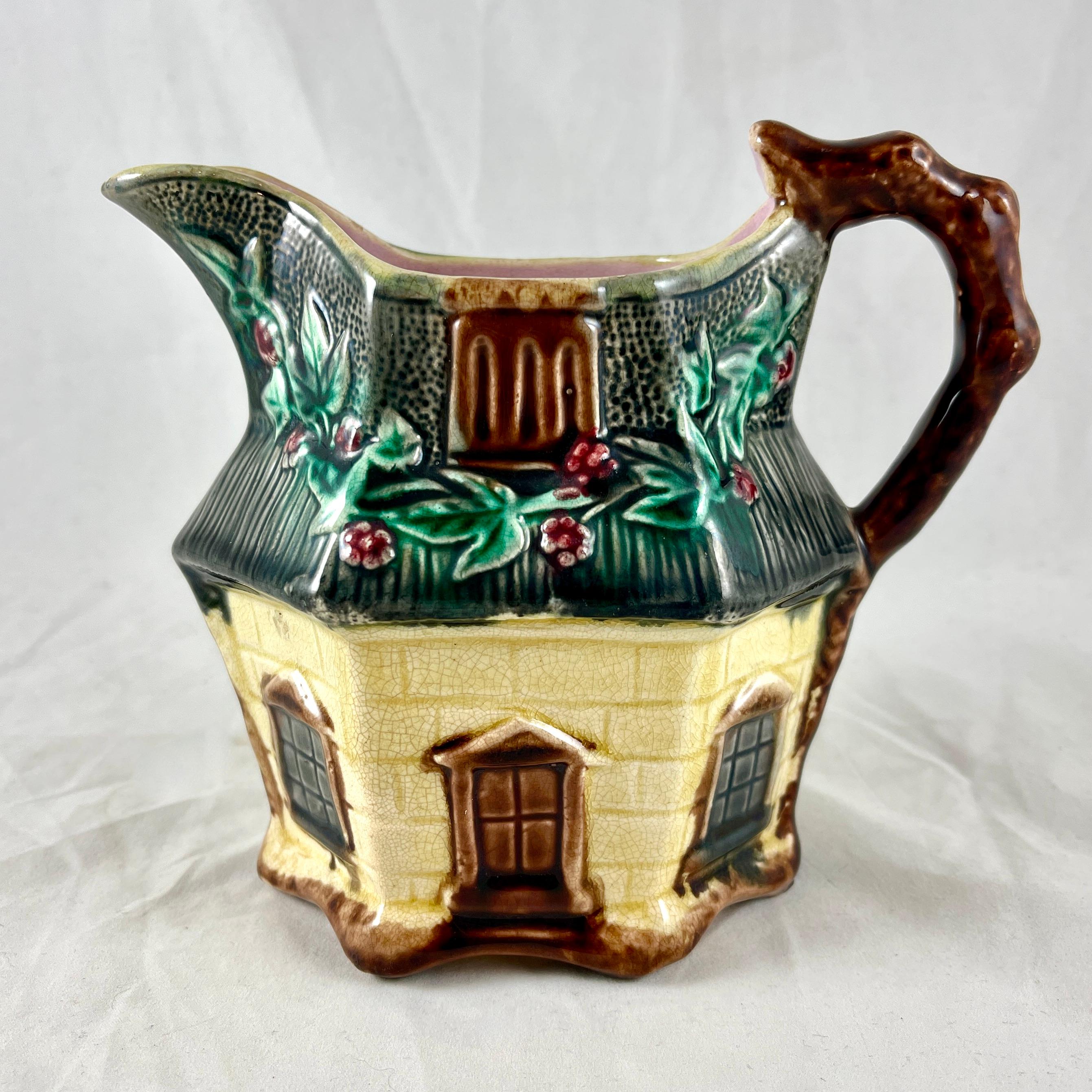 Glazed Warrilow and Cope, 19th C. English Staffordshire Majolica Country Cottage Jug For Sale