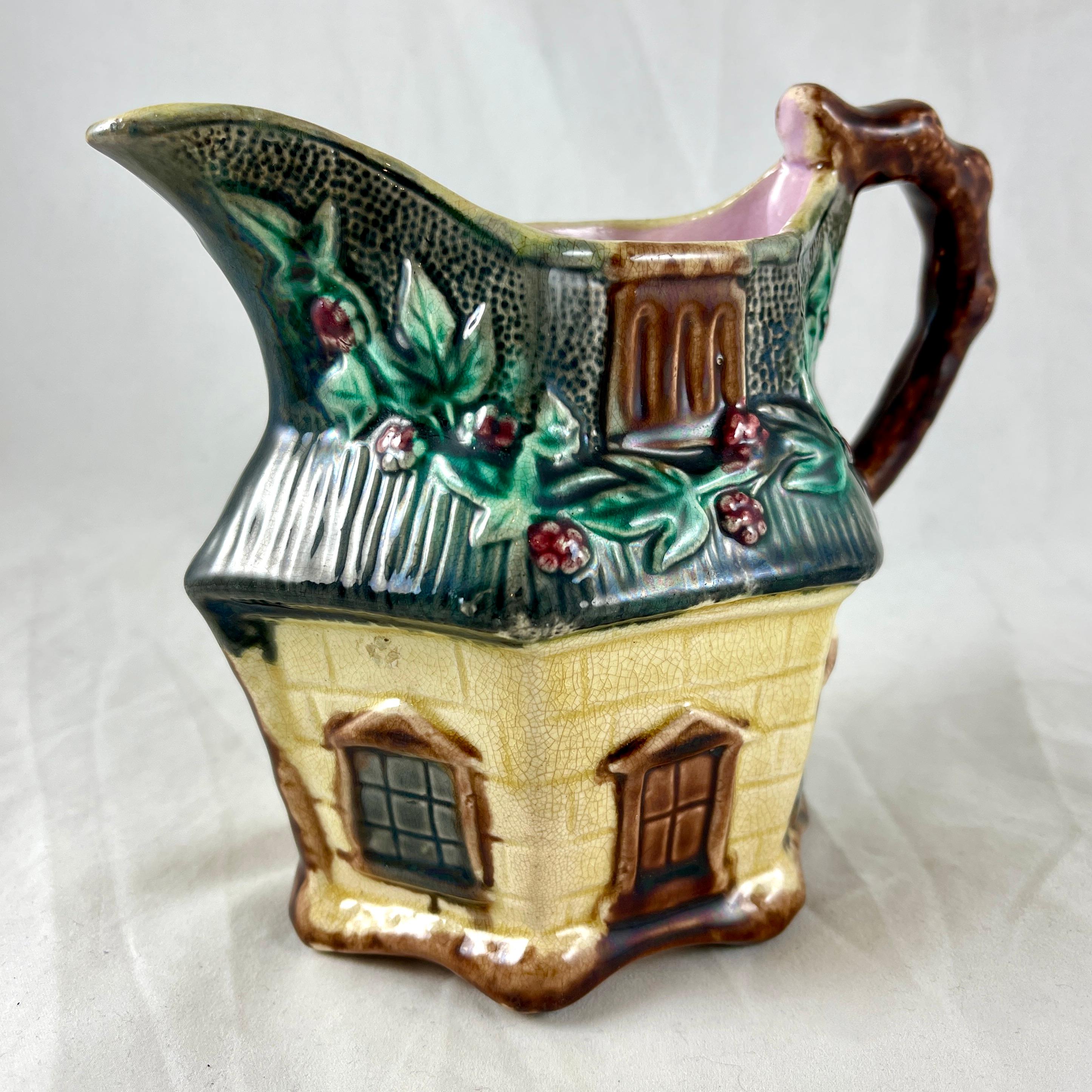 19th Century Warrilow and Cope, 19th C. English Staffordshire Majolica Country Cottage Jug For Sale