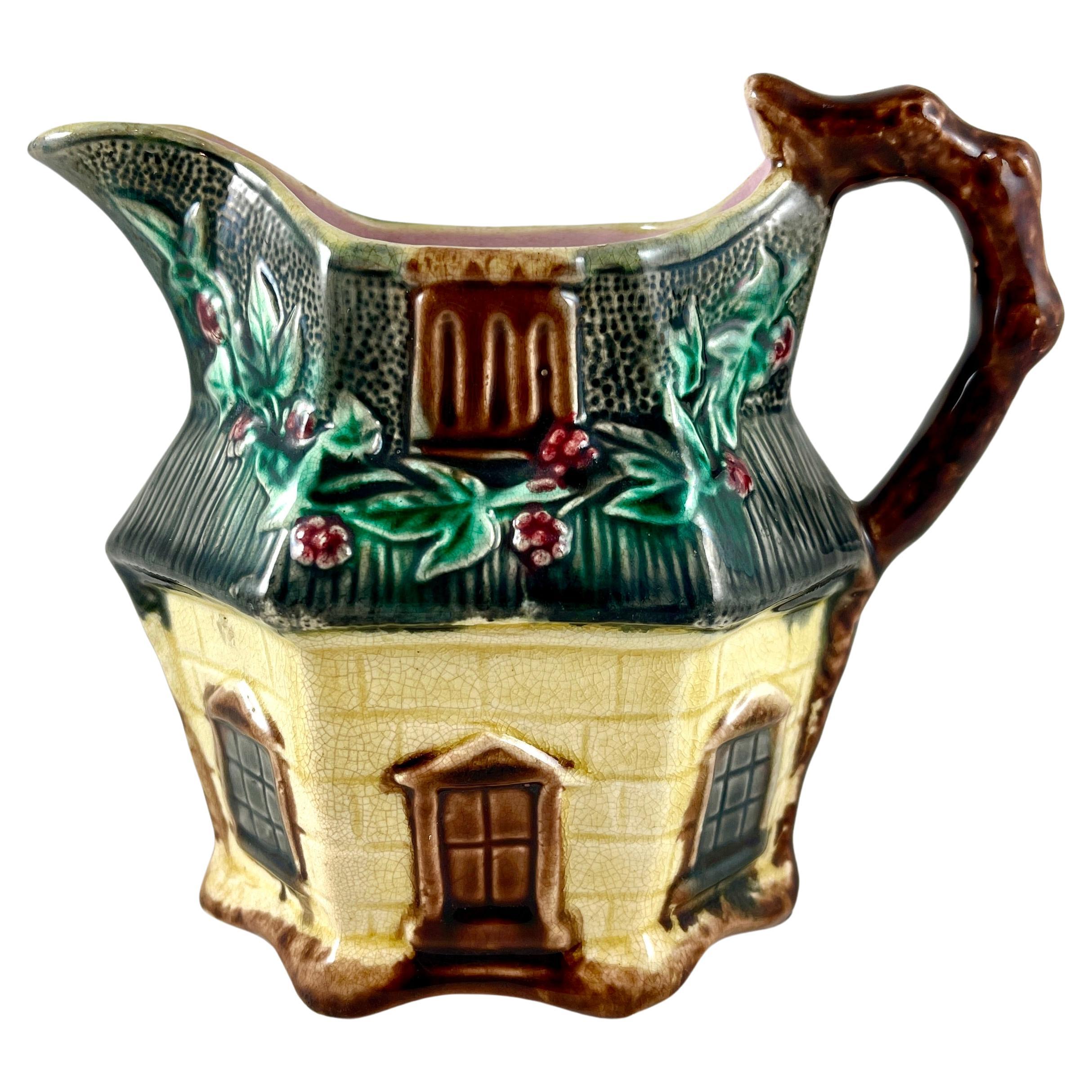 Warrilow and Cope, 19th C. English Staffordshire Majolica Country Cottage Jug For Sale