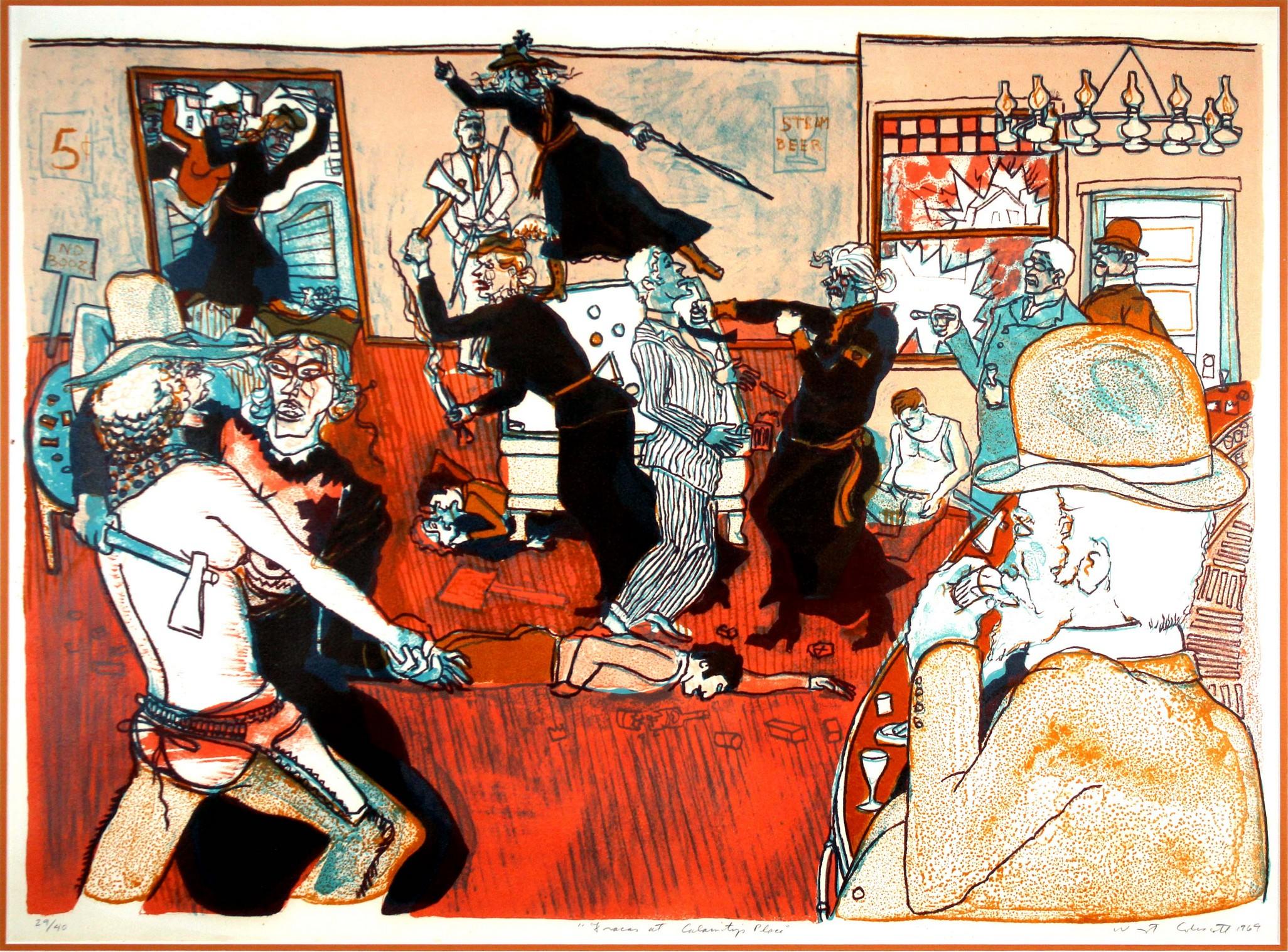 A satirical lithograph on paper titled “Frances at Calamity’s Place” by American artist Warrington Colescott. Hand signed in pencil on the bottom right with an annotation of 29/40 on the bottom right. Titled mid bottom. Published in 1969 by London