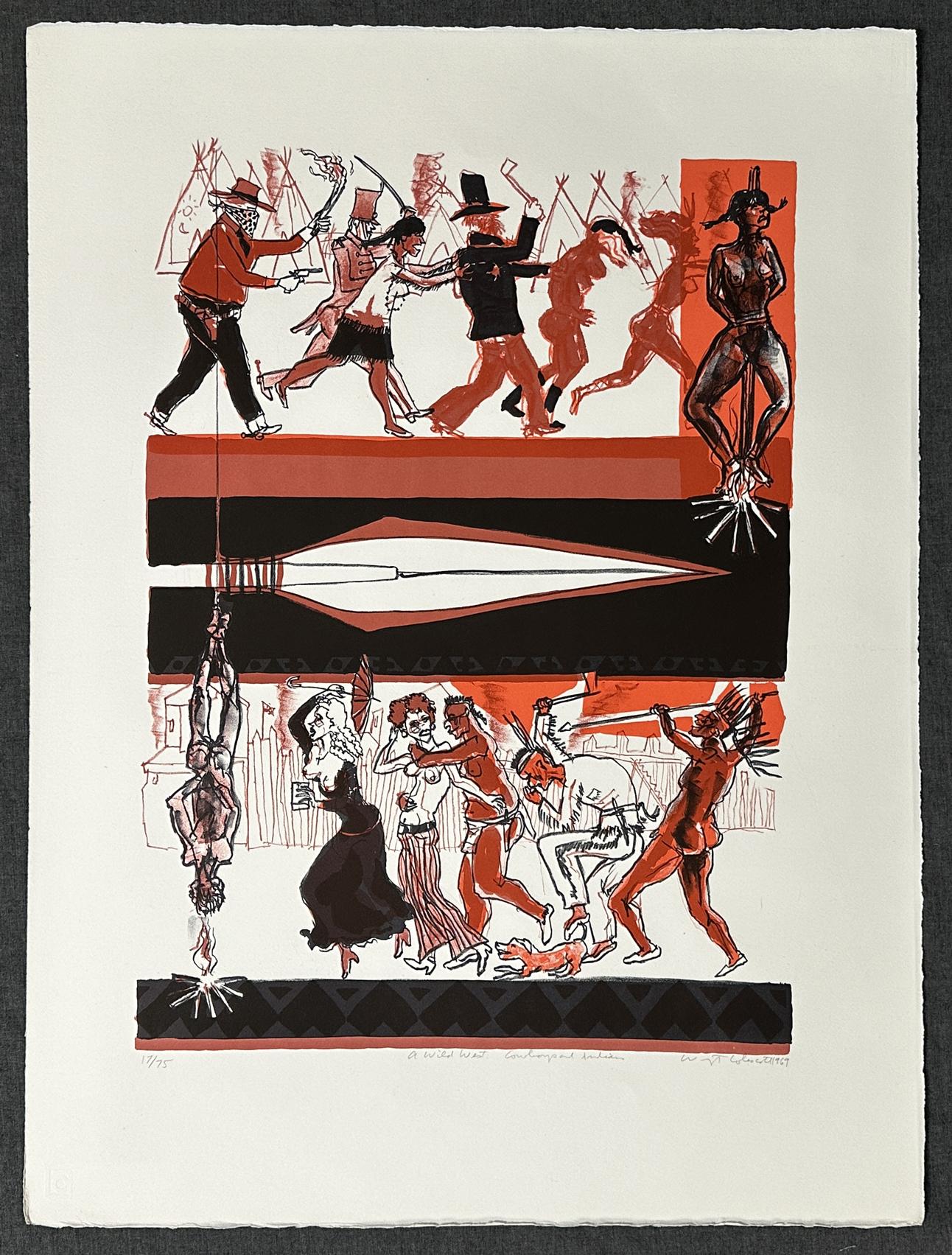 Cowboys and Indians 1969 A Wild West  Signed Original Lithograph - Print by Warrington Colescott