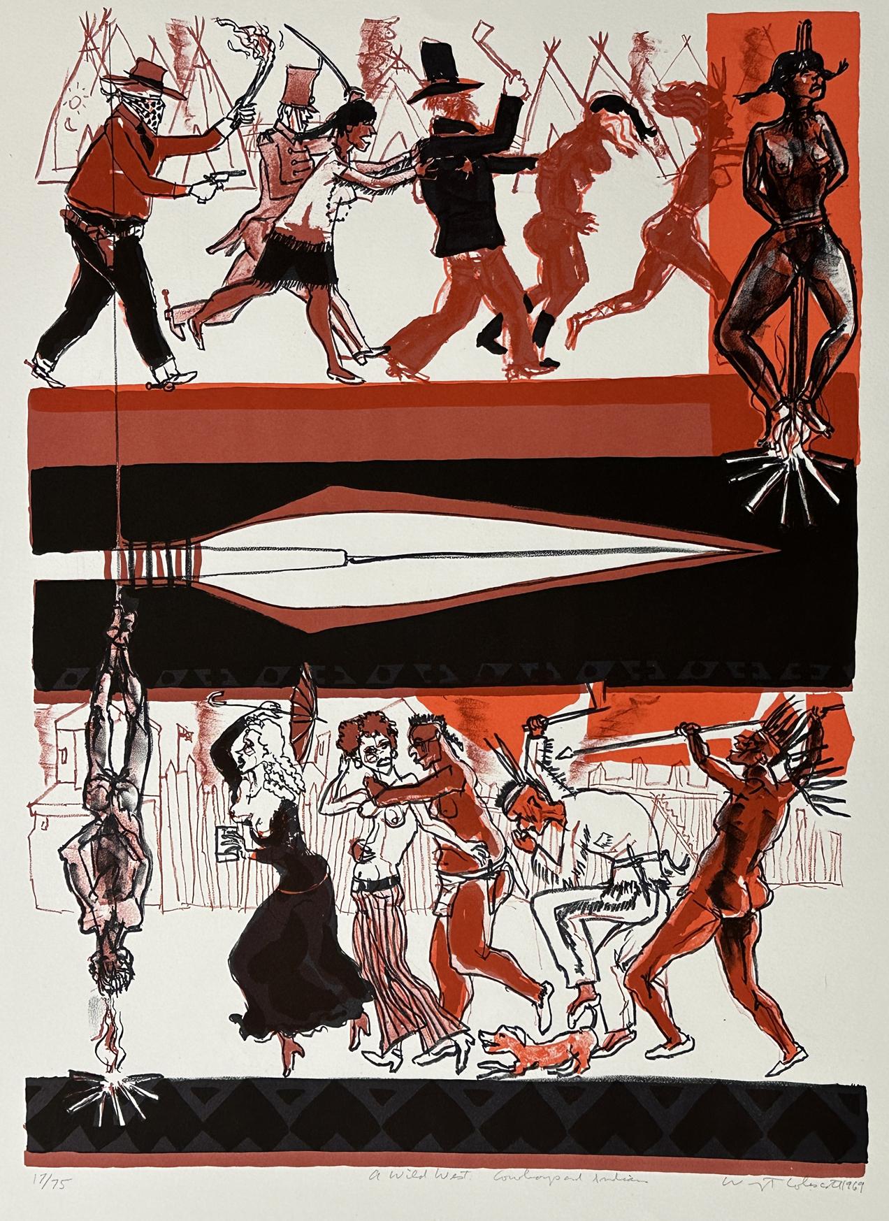 Warrington Colescott
A Wild West: Cowboys and Indians - 1969
Print - Lithograph   23'' x 31''
Edition: signed and numbered in pencil 17/75

Unframed

Warrington Wickham Colescott Jr. was an American artist, he is best known for his satirical