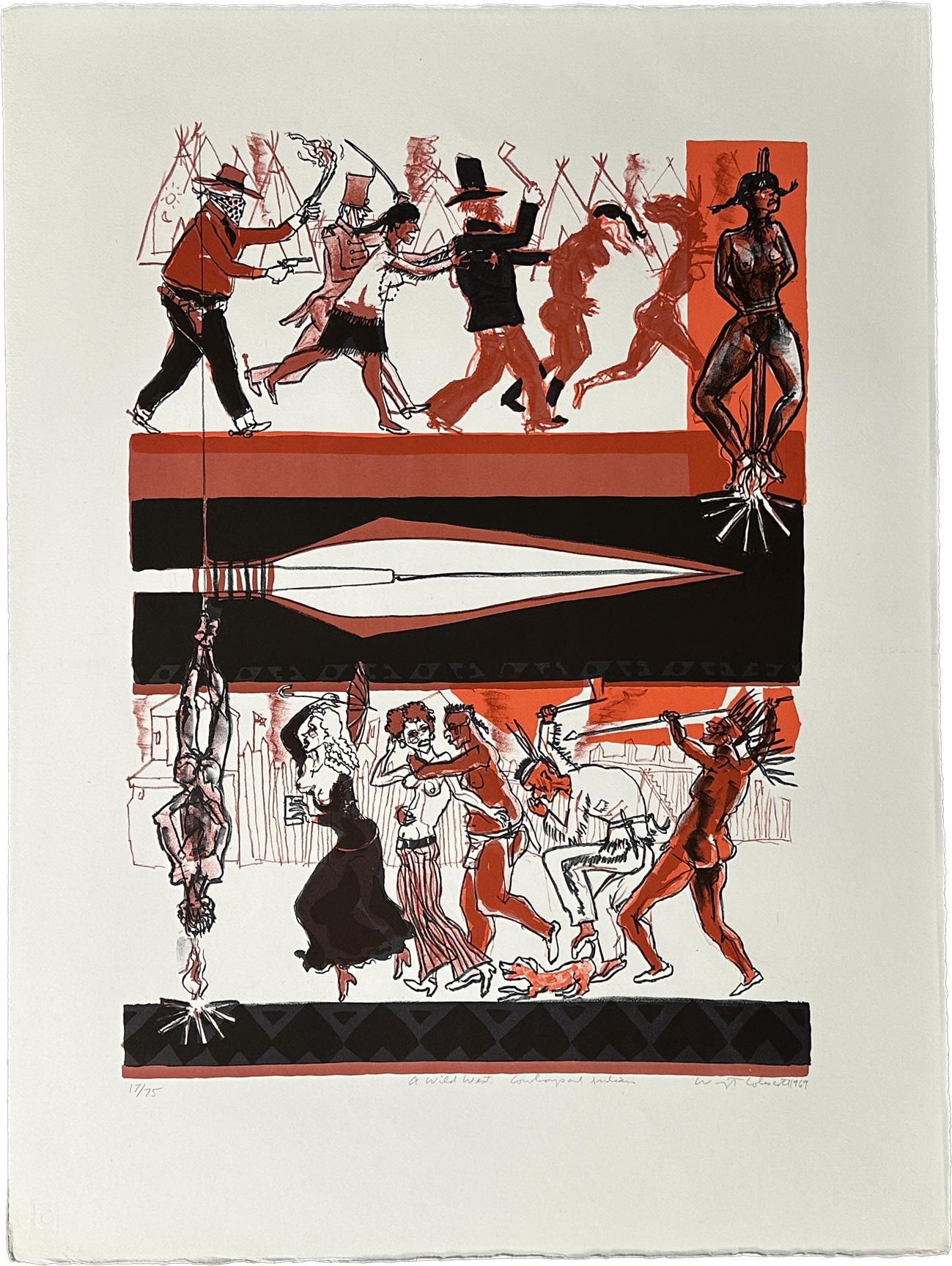 Warrington Colescott Figurative Print - Cowboys and Indians 1969 A Wild West  Signed Original Lithograph