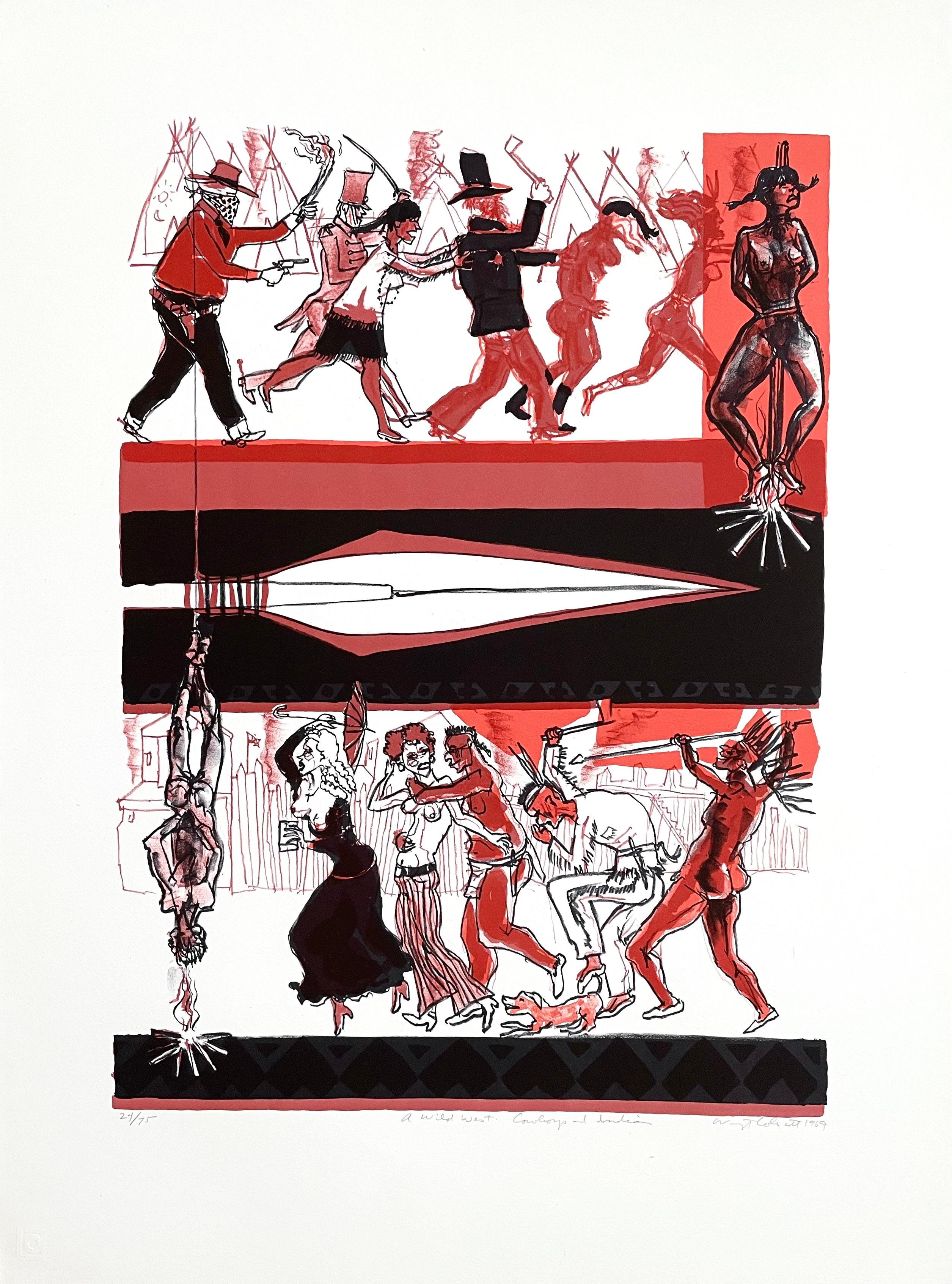 Artist: Warrington Colescott (1921-2018)
Title: Cowboys and Indians
Year: 1969
Edition: 24/75, plus proofs
Medium: Lithograph on paper
Inscription: Signed & numbered in pencil
Size: 31 x 23 inches
Condition: Good
Notes: Published by London Arts