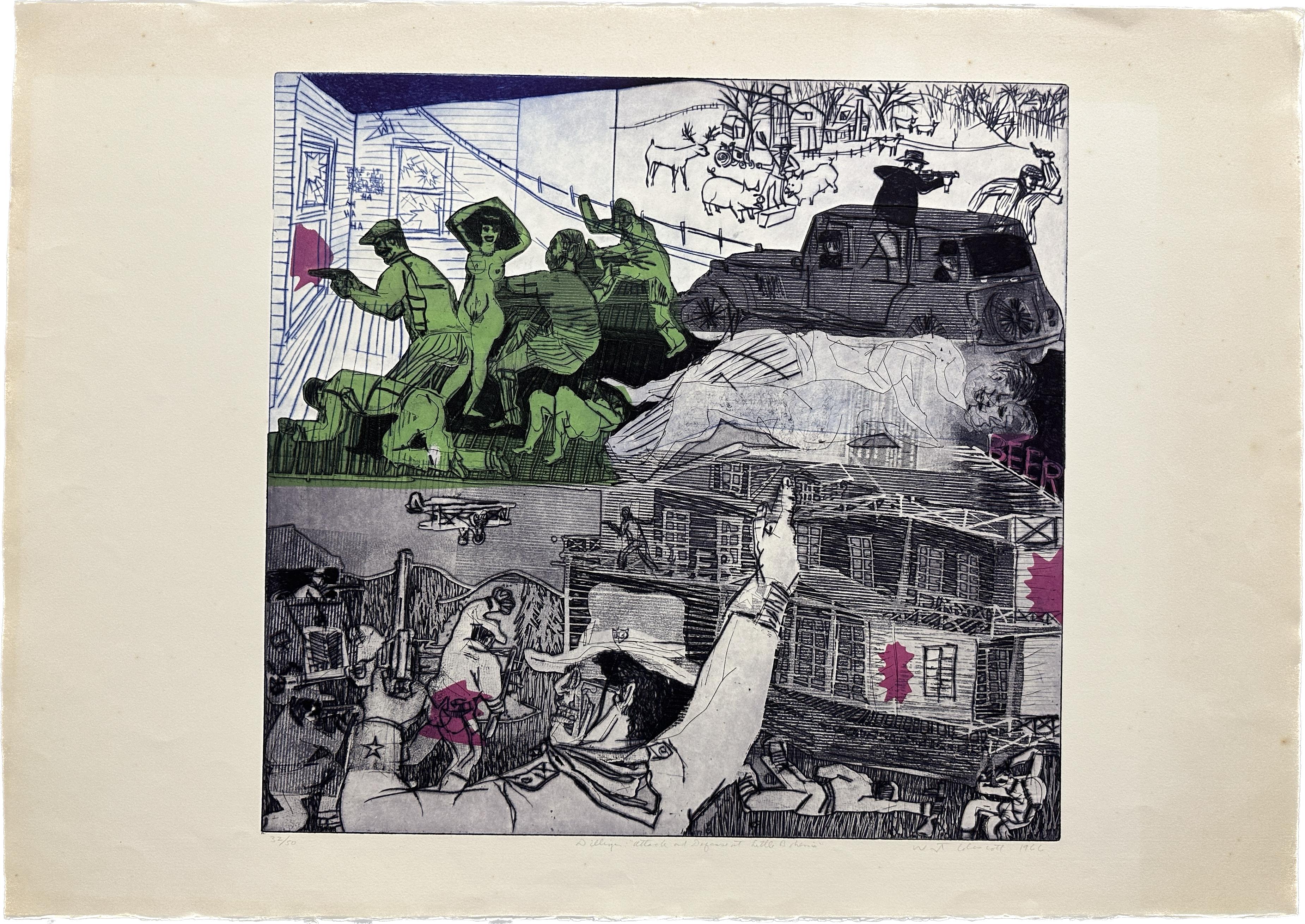 Warrington Colescott Figurative Print – Dillinger: Attack and Defense of Little Bohemia, 1966