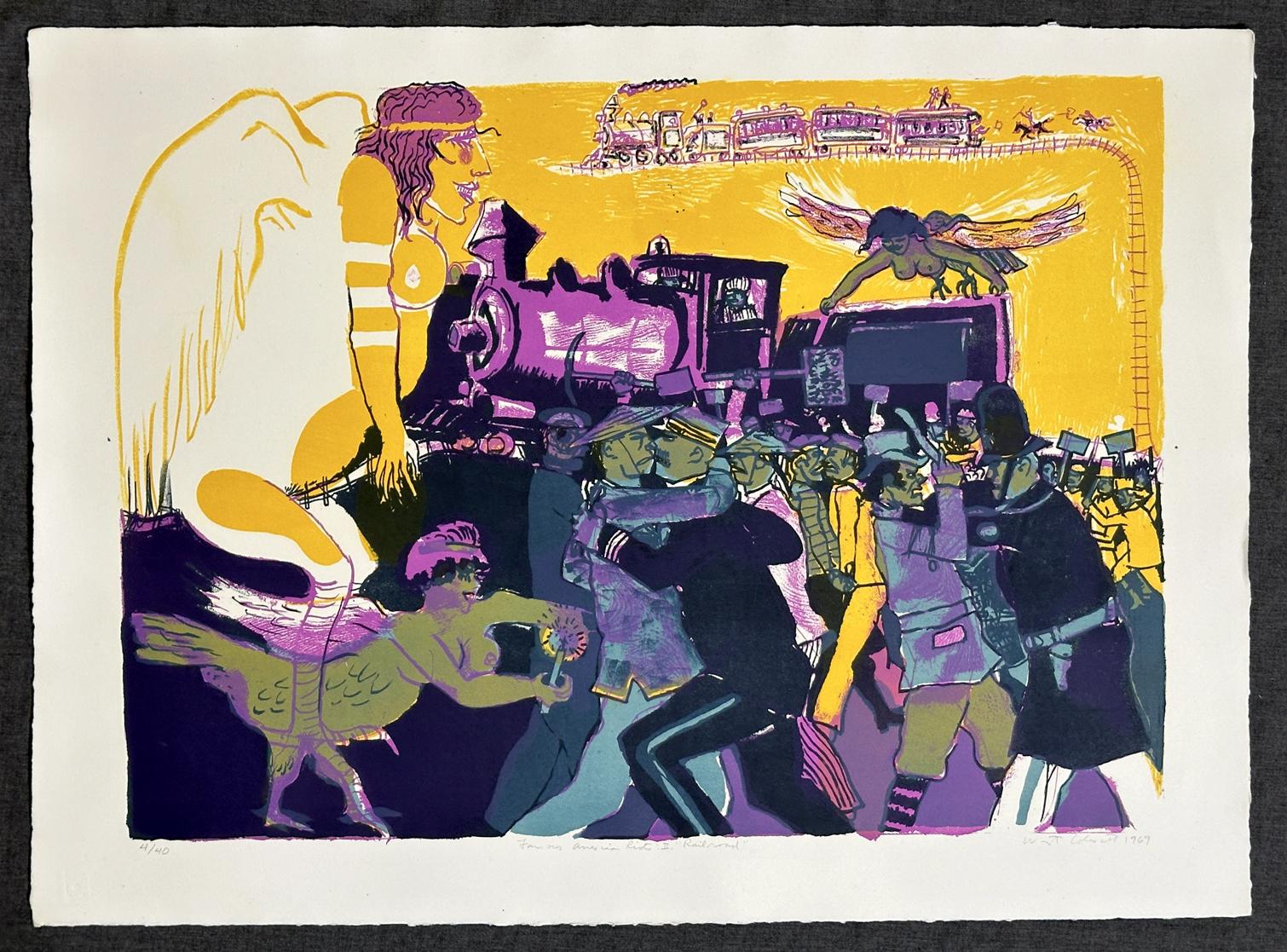 Famosos disturbios americanos II Ferrocarril 1969 Litografía de edición limitada - Figurative Print Beige de Warrington Colescott