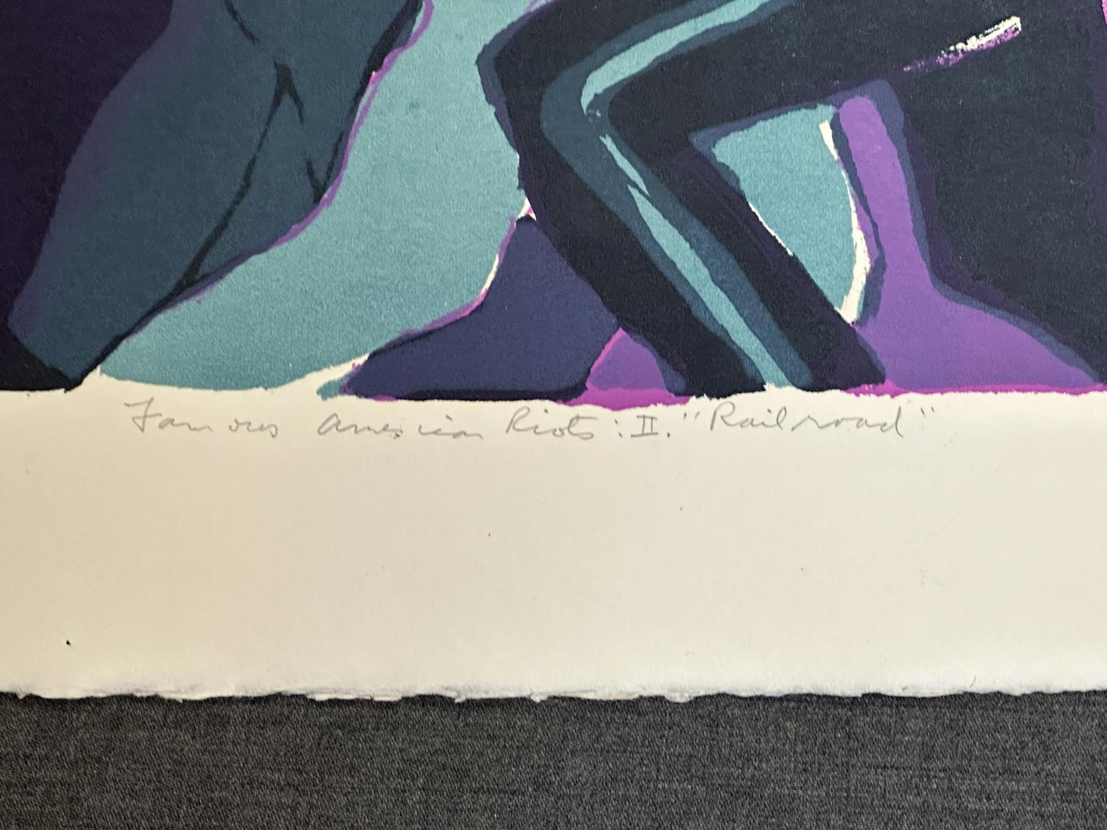 Artista: Warrington Colescott
Título Motines americanos famosos II : Ferrocarril
Año:  1969
Impresión - Litografía 
Tamaño: 23'' x 31 pulgadas
Edición: Firmada a lápiz, titulada y marcada 4/40

Sin enmarcar

Warrington Wickham Colescott Jr. fue un
