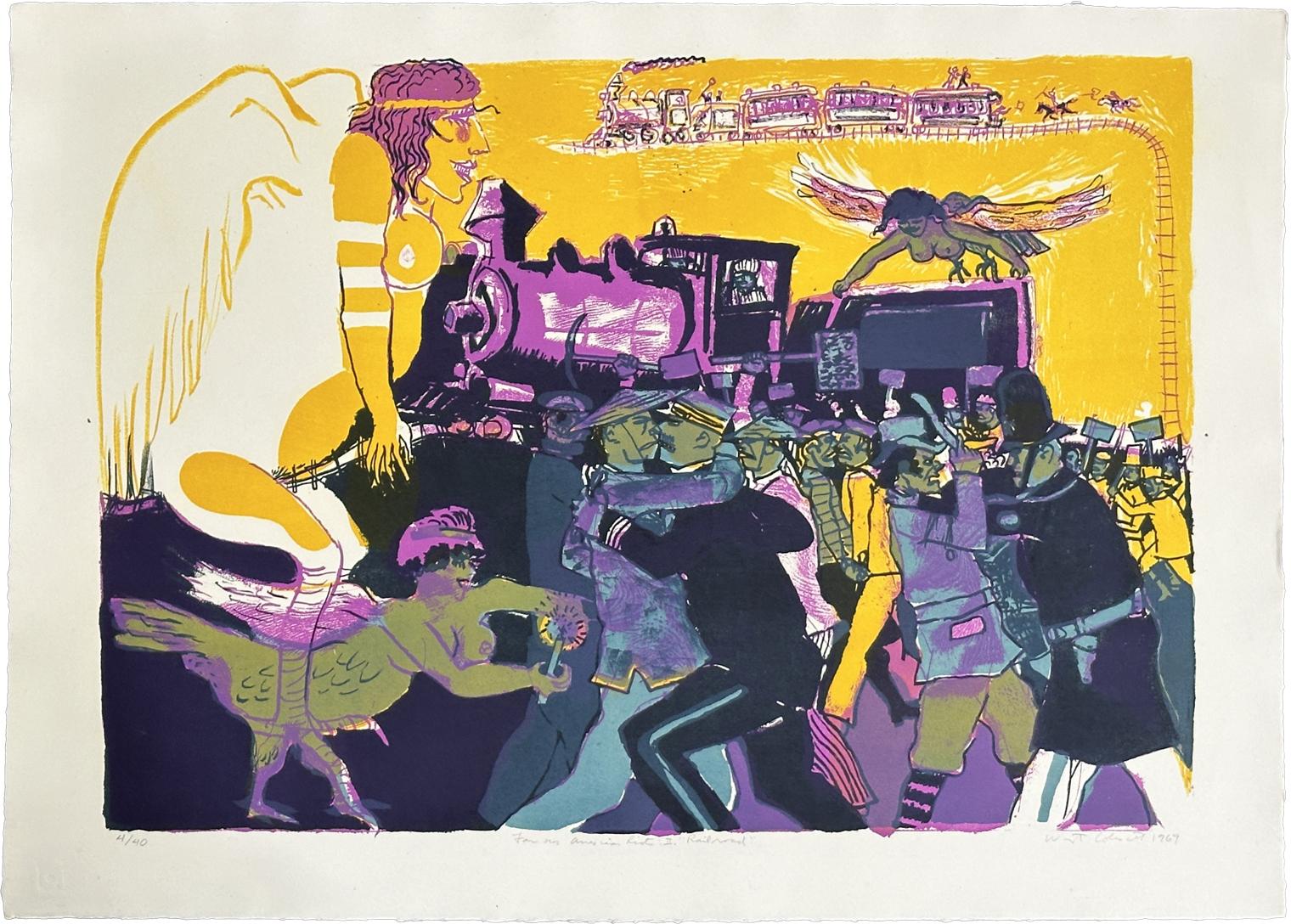 Figurative Print de Warrington Colescott - Famosos disturbios americanos II Ferrocarril 1969 Litografía de edición limitada