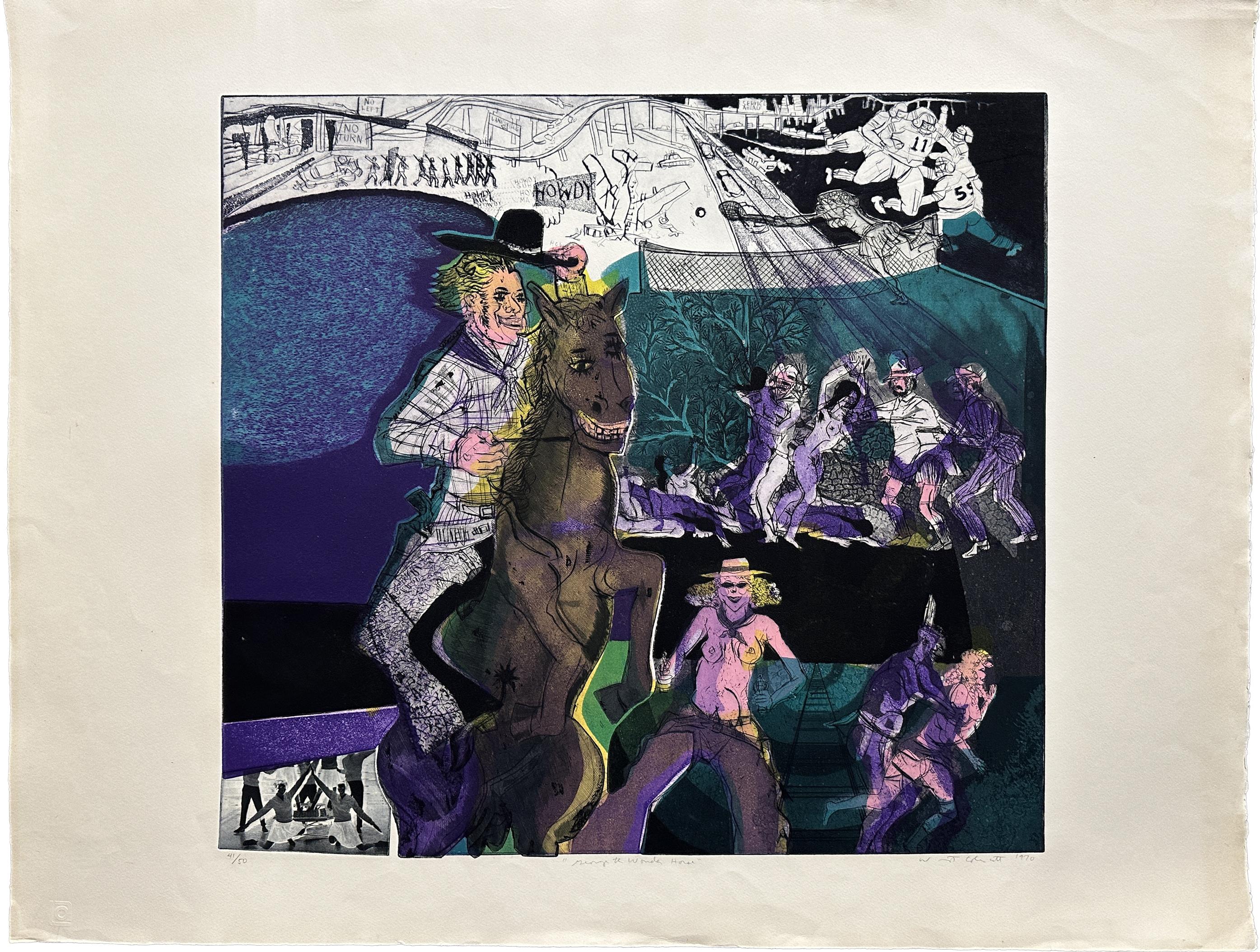 Warrington Colescott Figurative Print - George the Wonder Horse  1970 Signed Limited Edition Lithograph 