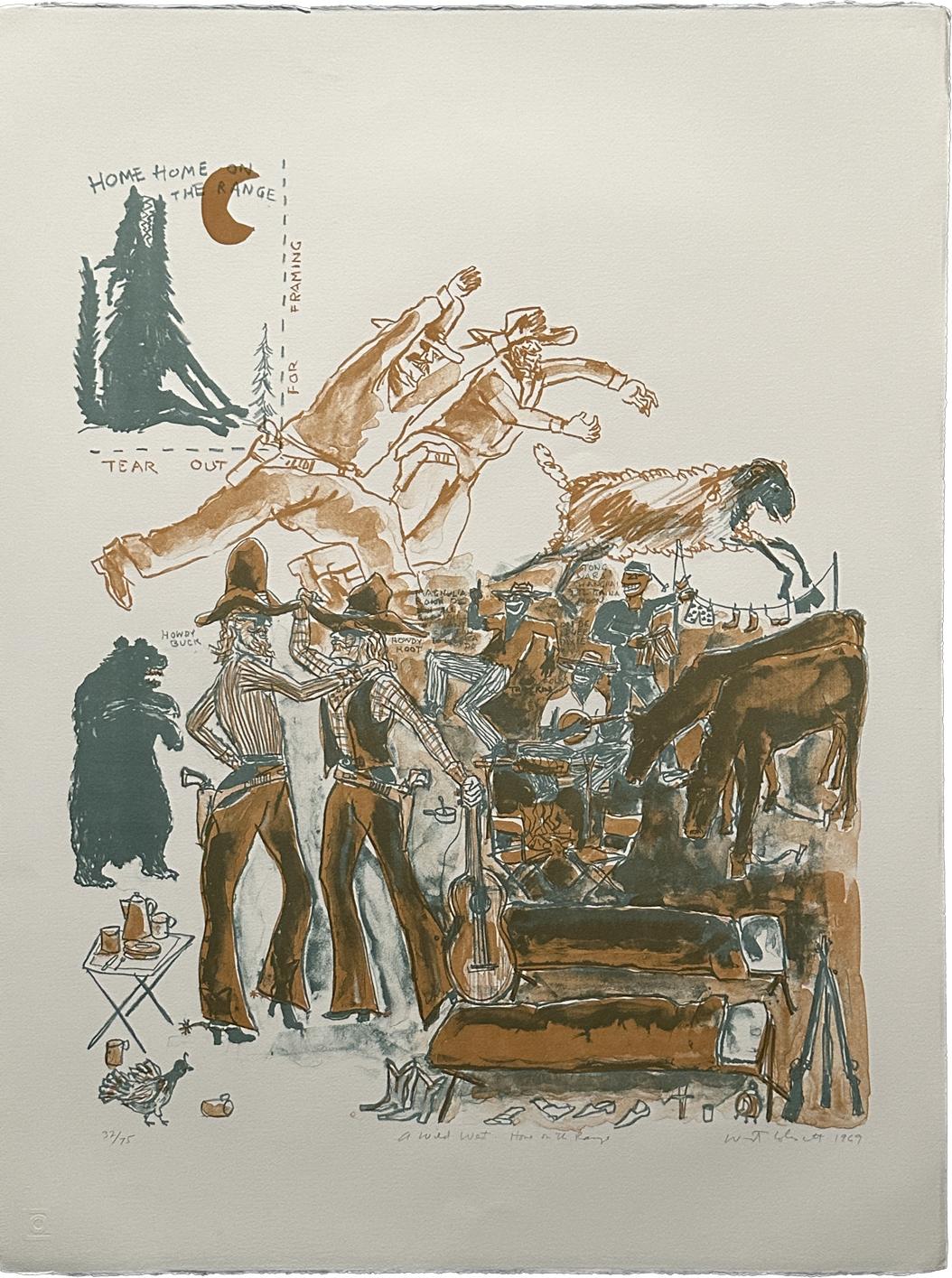 Warrington Colescott Figurative Print - Home on the Range 1969 A Wild West  Signed Original Lithograph