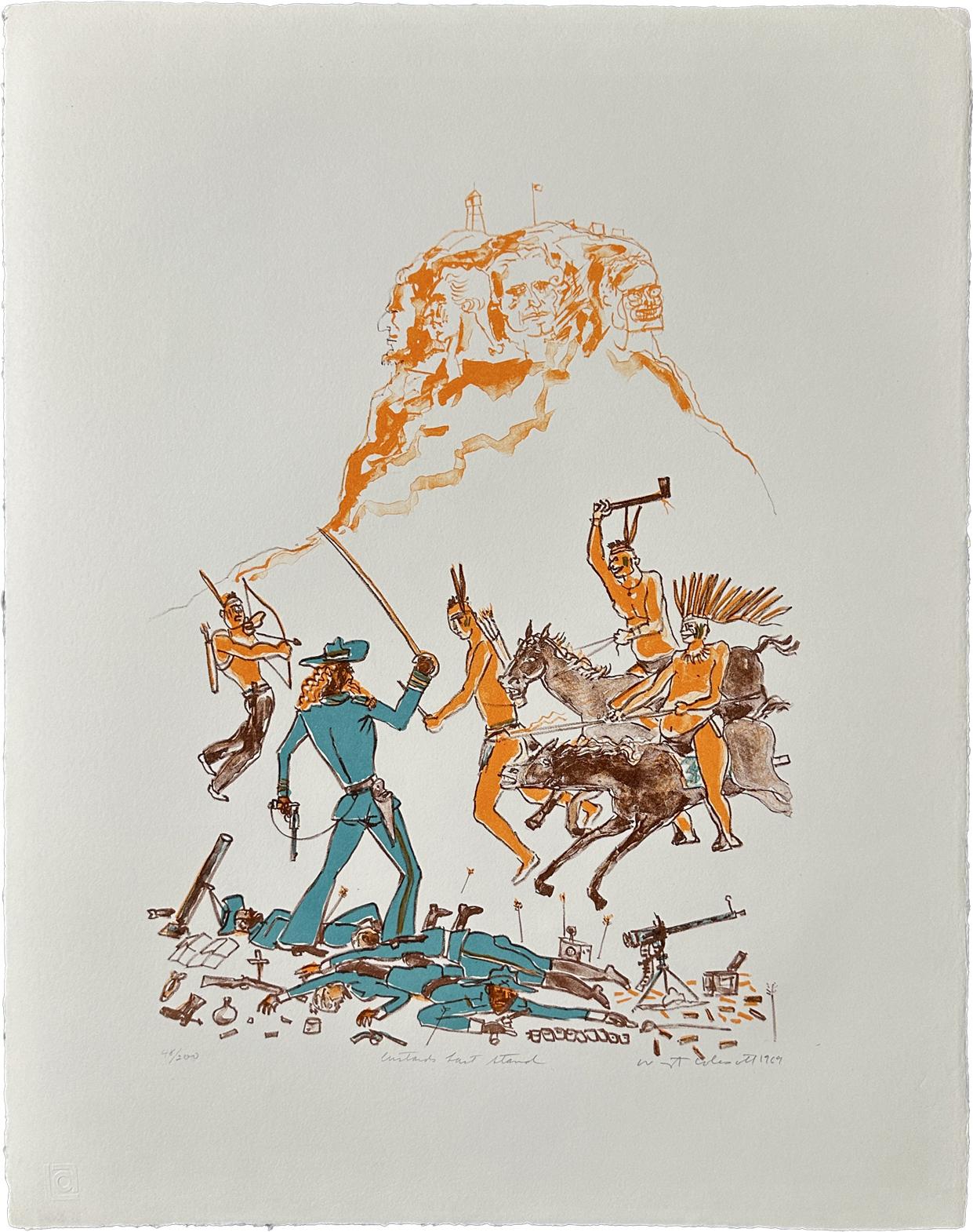 Artist: Warrington Colescott
Title Custard's Last Stand
Year:  1969
Print - Lithograph 
Size: 20'' x 25½ inches
Edition: Signed in pencil, titled and marked 48/200

Unframed

Warrington Wickham Colescott Jr. was an American artist, he is best known