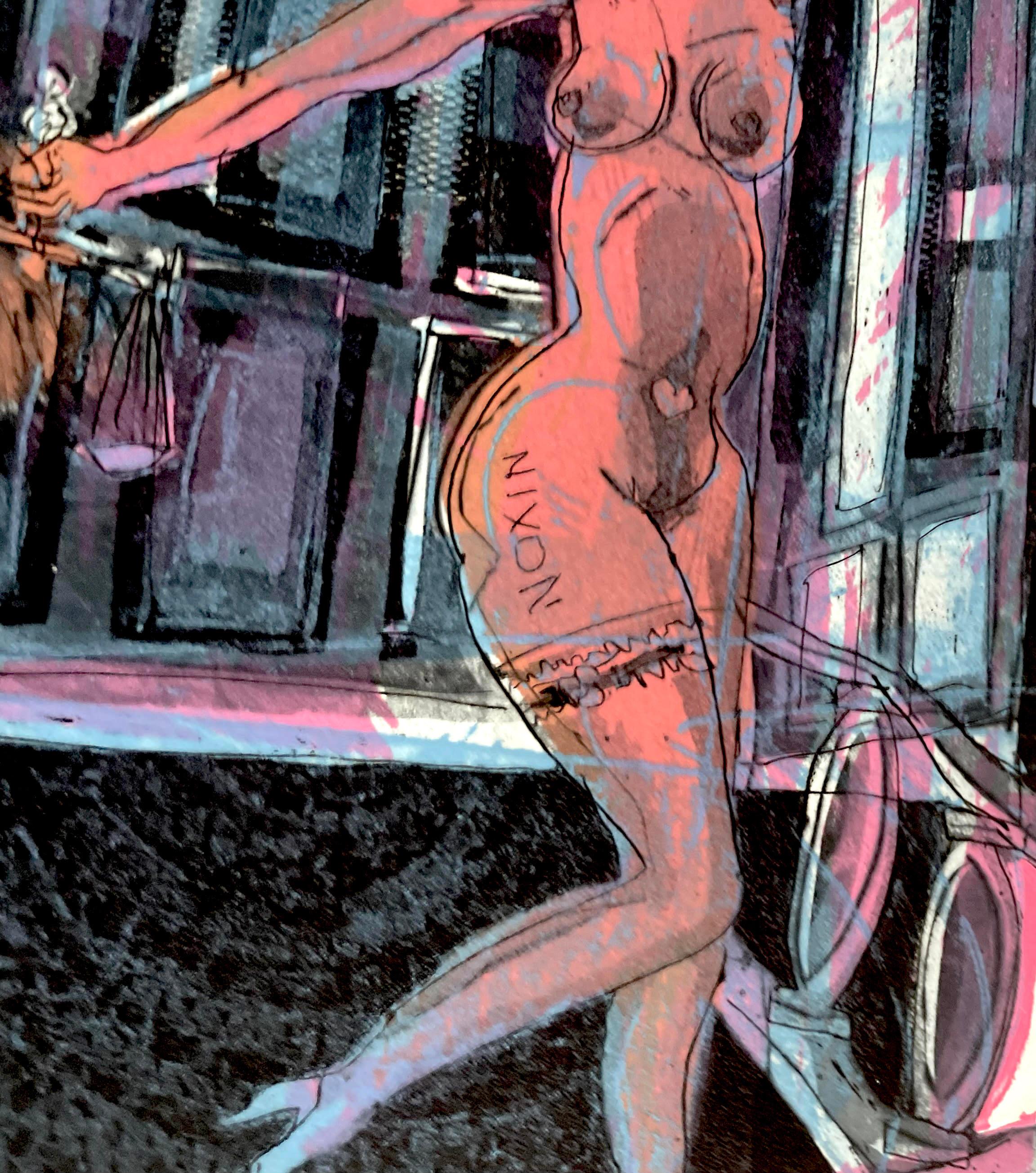 Warrington Colescott, Tu día en los tribunales gráfico en técnica mixta firmado Prueba de artista en venta 3