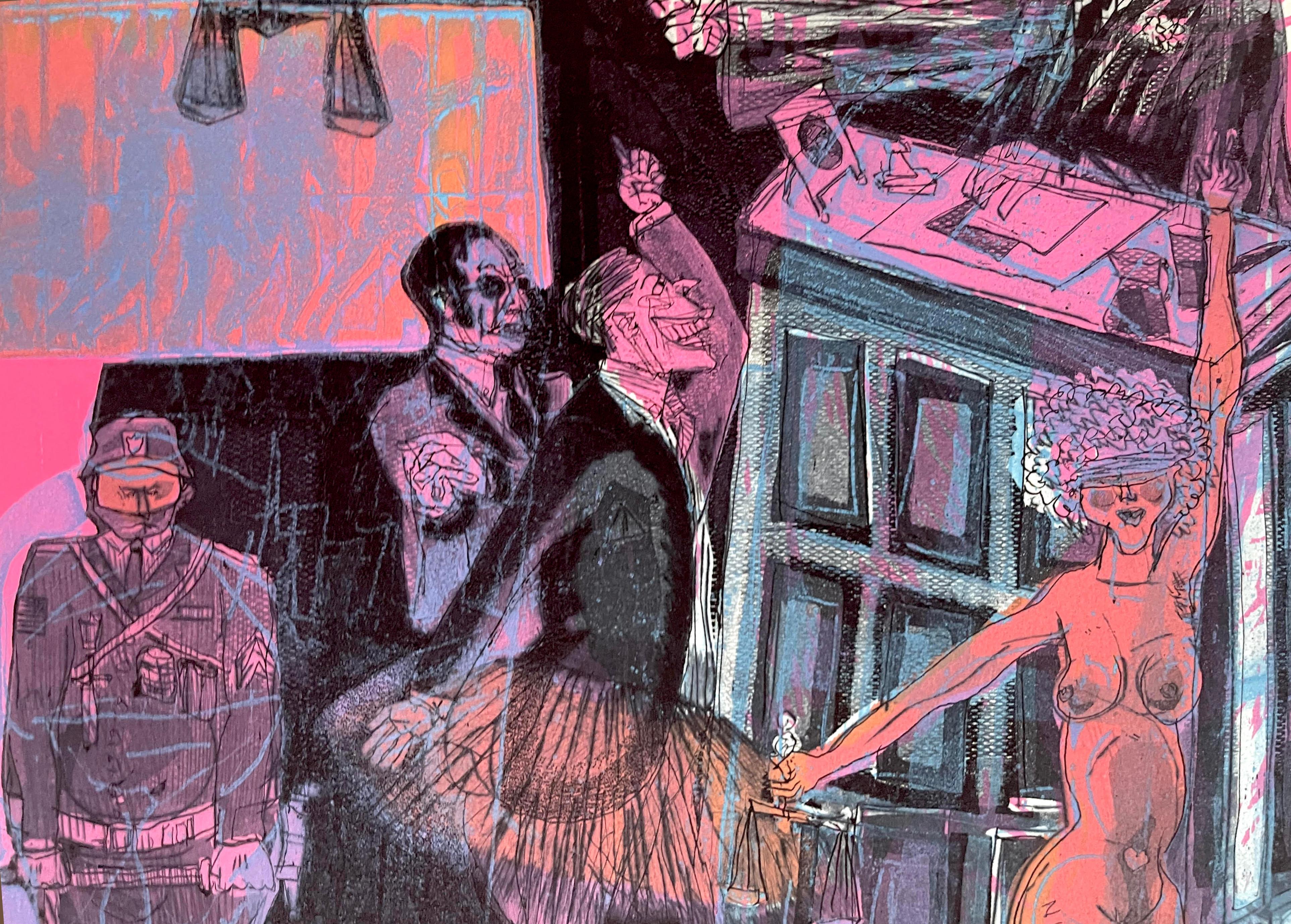 Warrington Colescott, Tu día en los tribunales gráfico en técnica mixta firmado Prueba de artista en venta 4