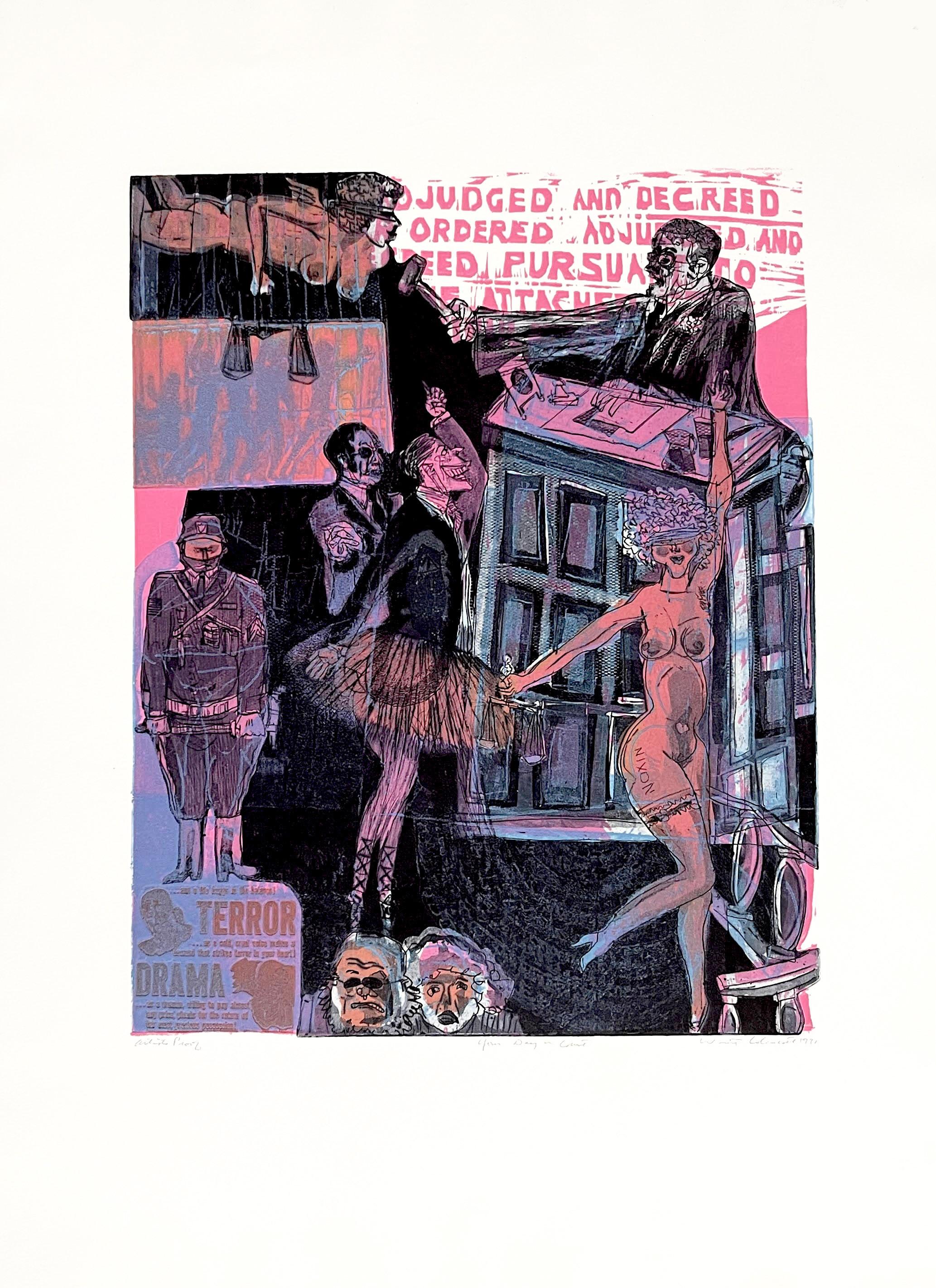 Warrington Colescott, Tu día en los tribunales gráfico en técnica mixta firmado Prueba de artista