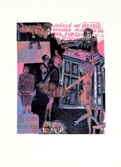 Warrington Colescott, Tu día en los tribunales gráfico en técnica mixta firmado Prueba de artista