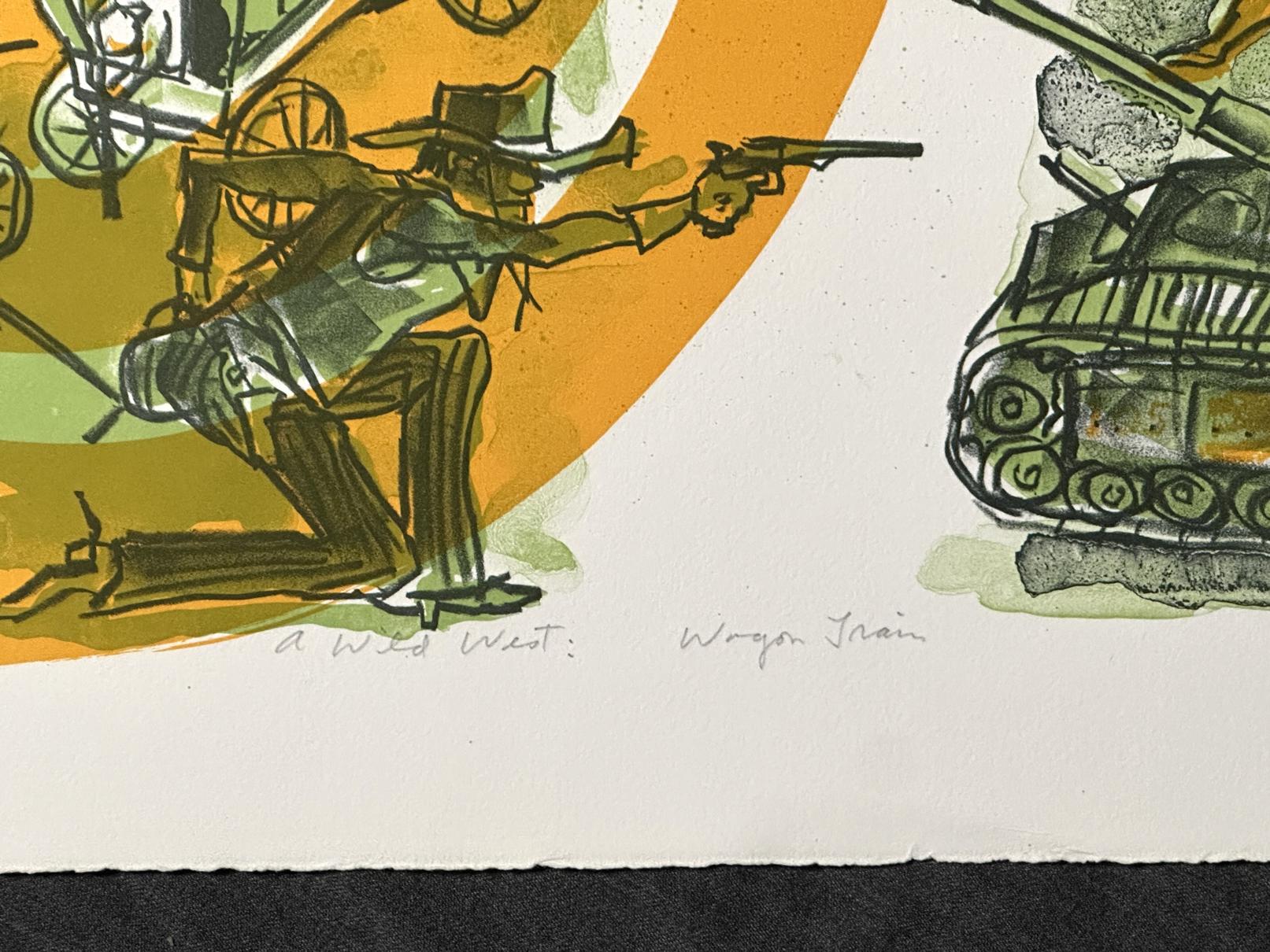 Tren de Vagones del Salvaje Oeste 1969 Litografía firmada Prueba de Artista - Figurative Print Beige de Warrington Colescott