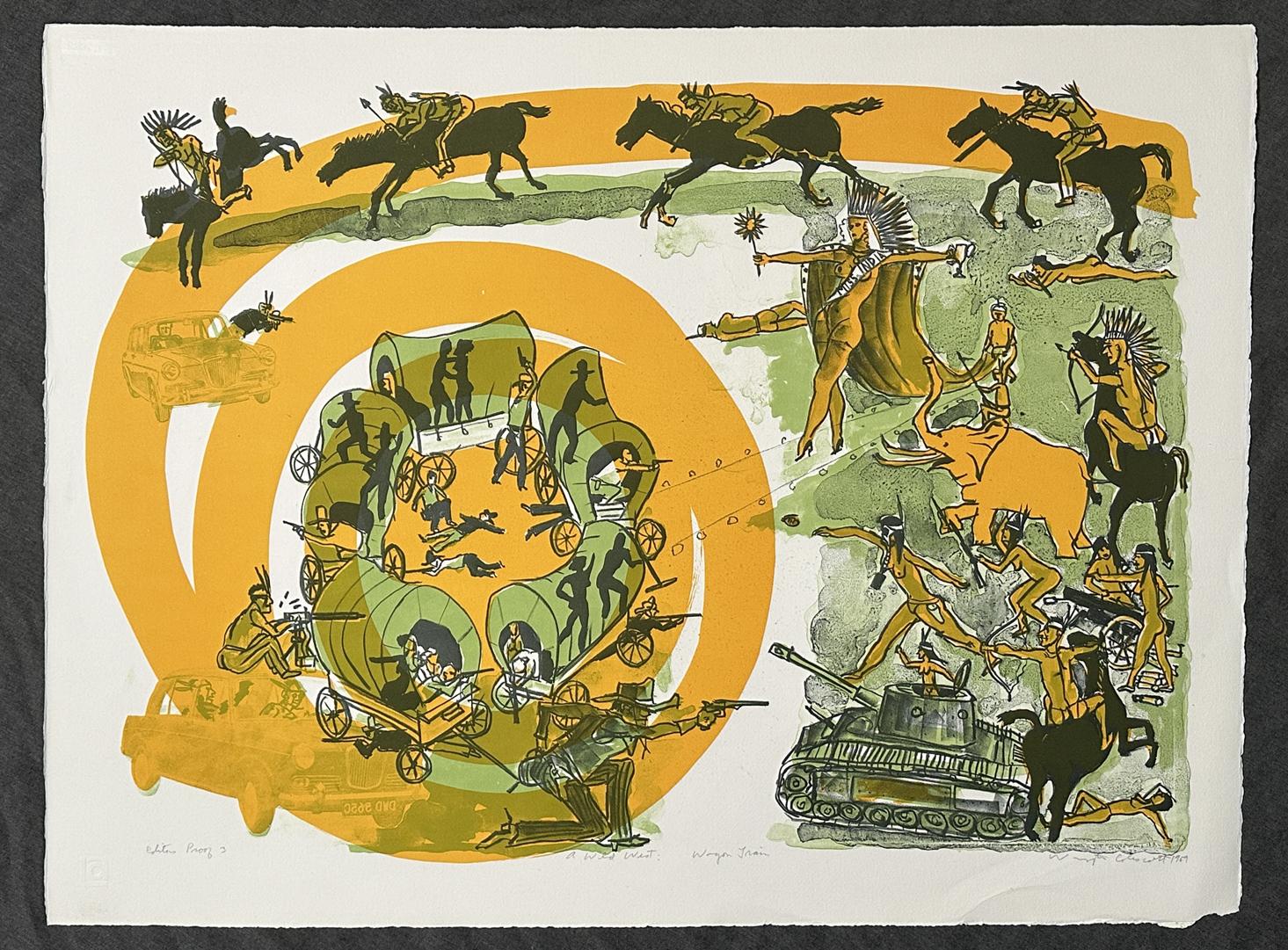 Tren de Vagones del Salvaje Oeste 1969 Litografía firmada Prueba de Artista en venta 1