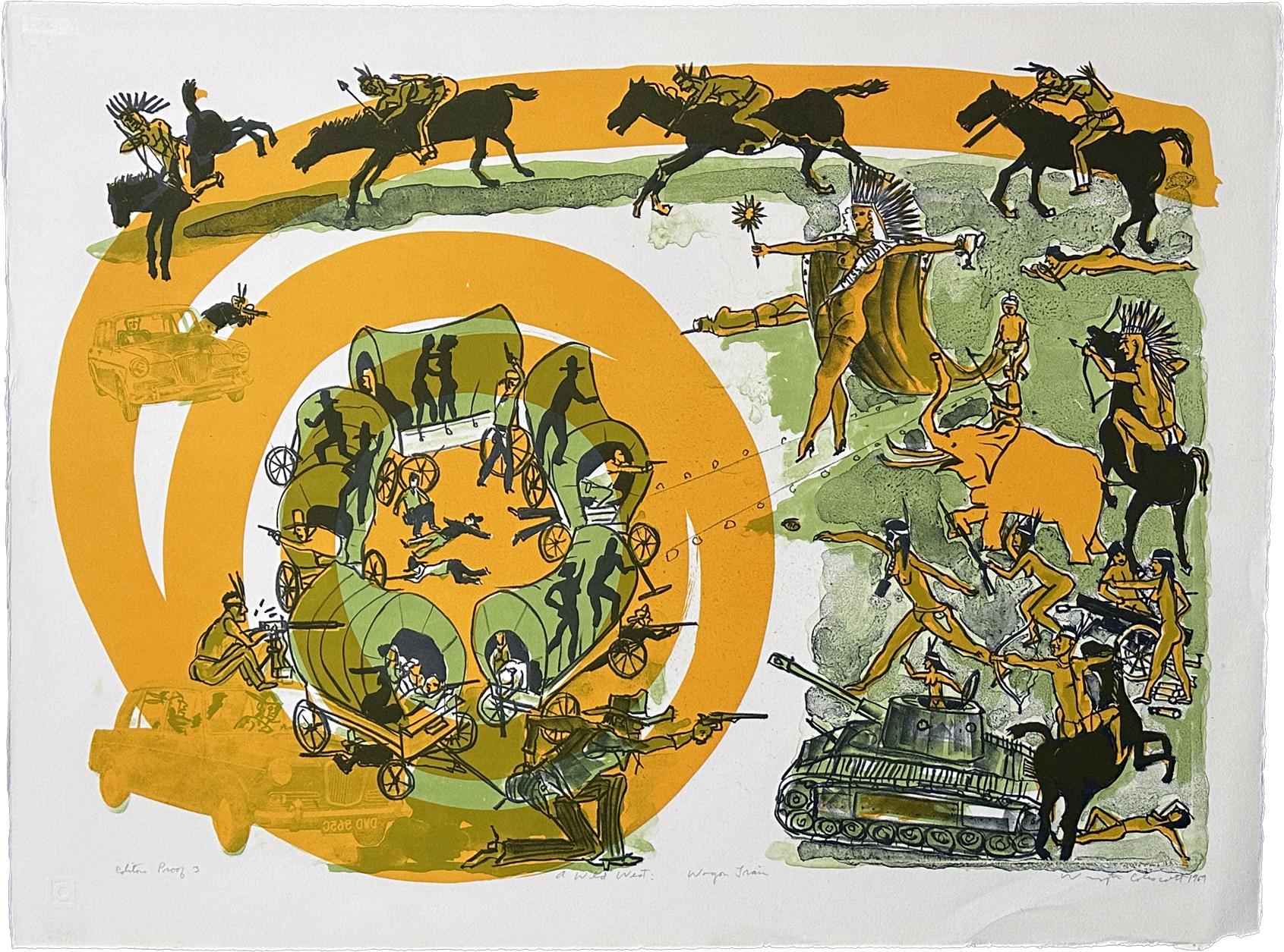 Figurative Print de Warrington Colescott - Tren de Vagones del Salvaje Oeste 1969 Litografía firmada Prueba de Artista