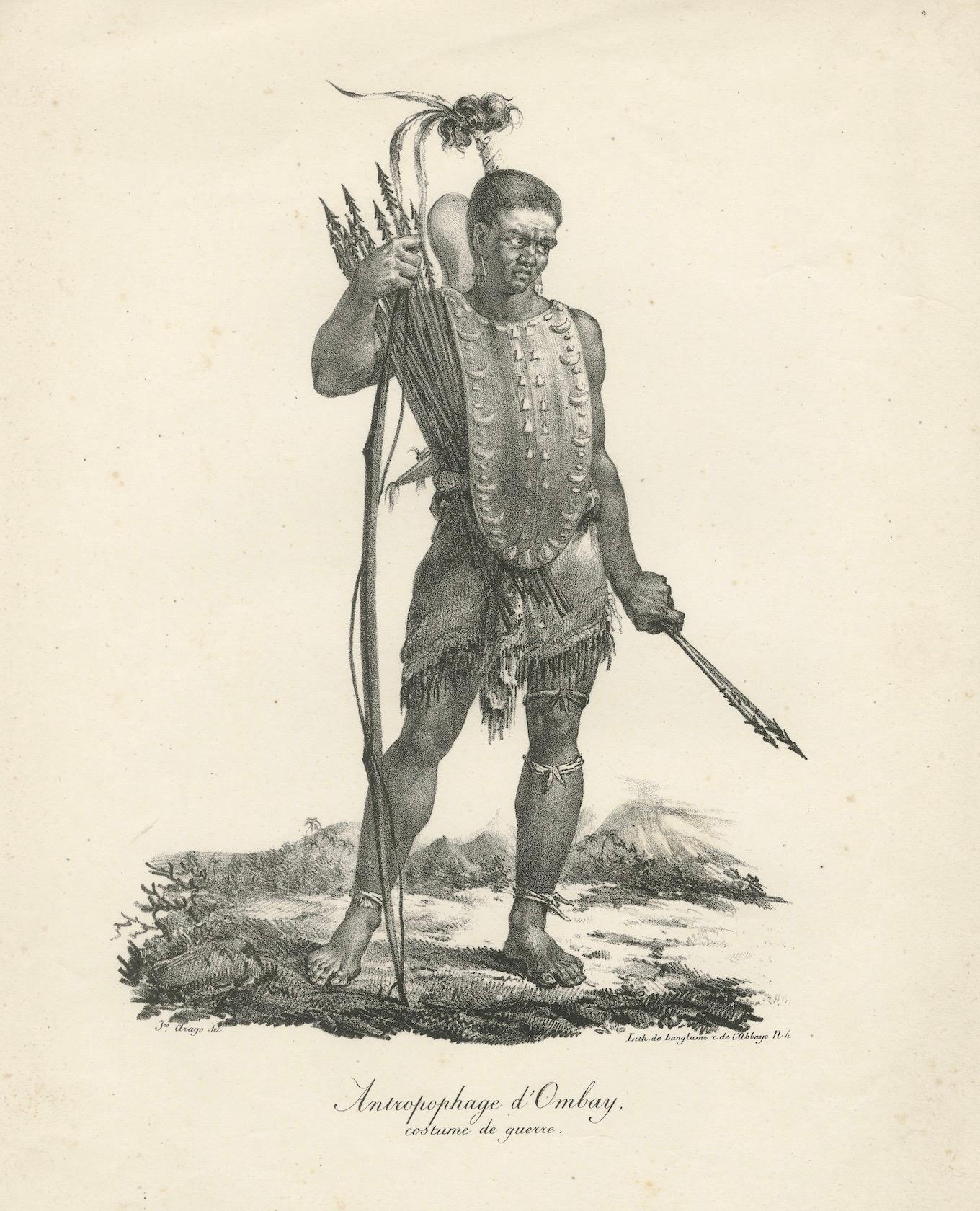 Warrior of Owhyhee (Hawaii) - Anthropophage im Kriegskostüm, Kupferstich von 1785 (Papier) im Angebot