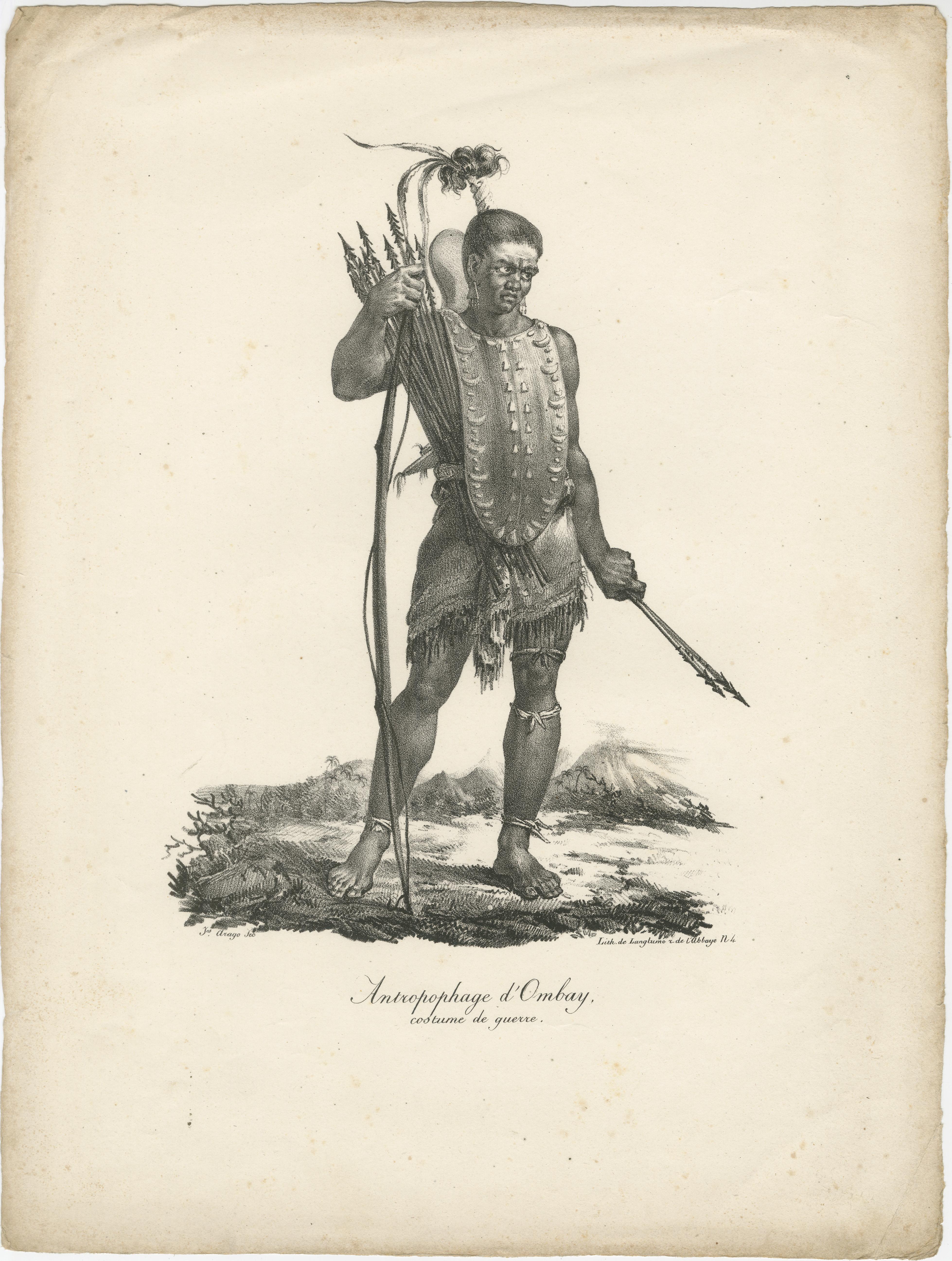 Warrior of Owhyhee (Hawaii) - Anthropophage im Kriegskostüm, Kupferstich von 1785 im Angebot 1