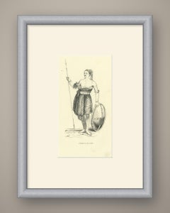 Guerriero dell’isola di Sawoe, stampa di un costume tradizionale di Wahlen, 1843-1844