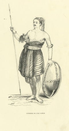 Guerriero dell’isola di Sawoe, stampa di un costume tradizionale di Wahlen, 1843-1844
