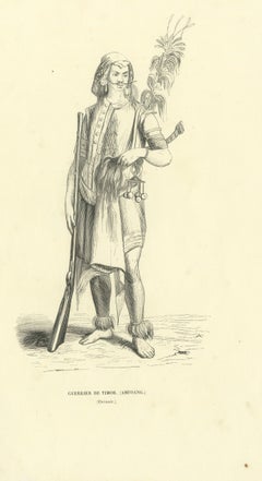 Guerriero di Timor, Amfoang, stampa di un costume tradizionale di Wahlen, 1843-1844