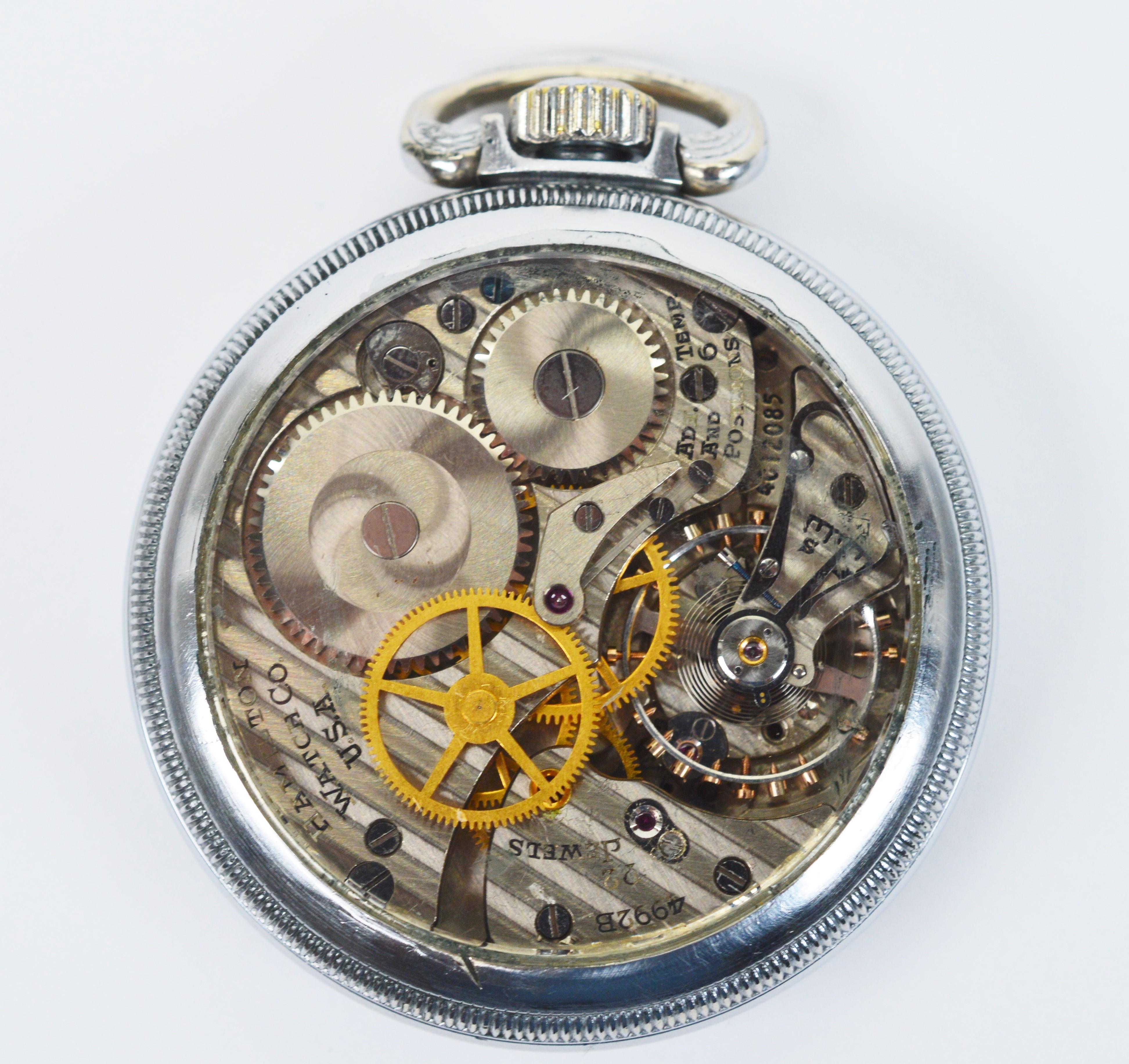 Desirable collectable, Hamilton Model 4992B, GCT US WWII Military Pocket Watch. This interesting timepiece has an added display back to view the 22 jewel movement with adjusted six position in motion. As military issue, circa 1942, this American