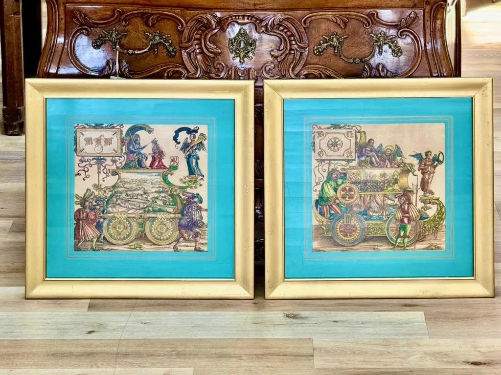 Paire fantaisiste de gravures sur bois de Hans Burgkmair The Elder (allemand, 1473-1531)1515-18, extraites de Wartime TriumphsCes gravures sur bois peintes à la main sur papier vergé filigrané. Taille de la feuille : H 16.5