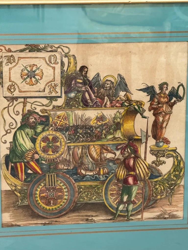 Bois Triomphes en temps de guerre, Hans Burgkmair The Elder Gravures sur bois peintes à la main Ca. 1515-18 en vente