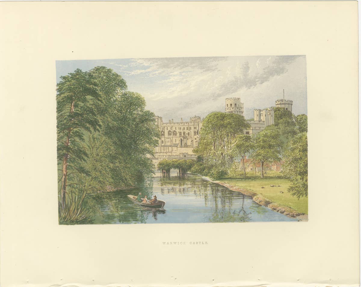 Warwick Castle River View, English Castle Landscape Engraving, c1850