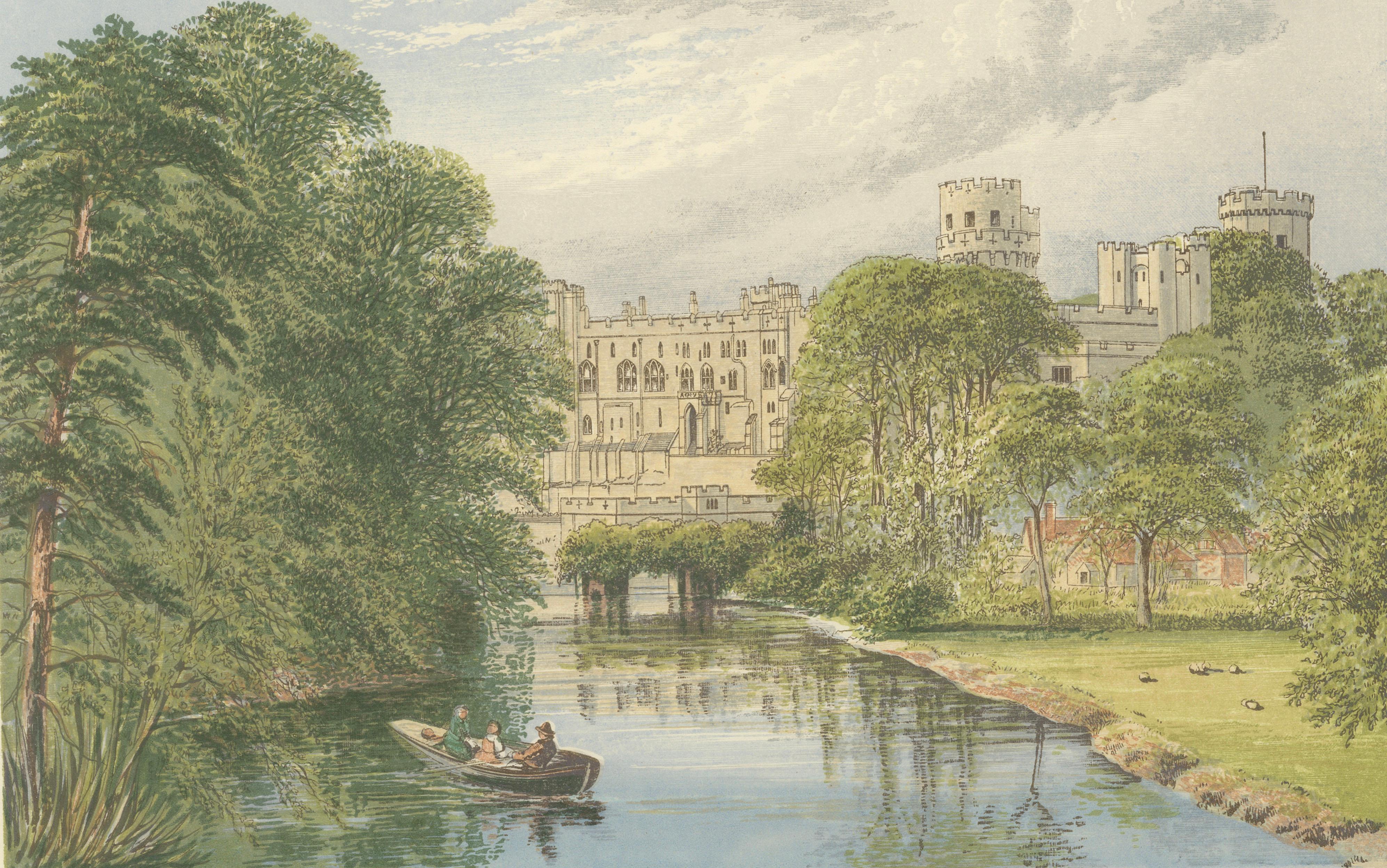 Warwick Castle River View, English Castle Landscape Engraving, c1850