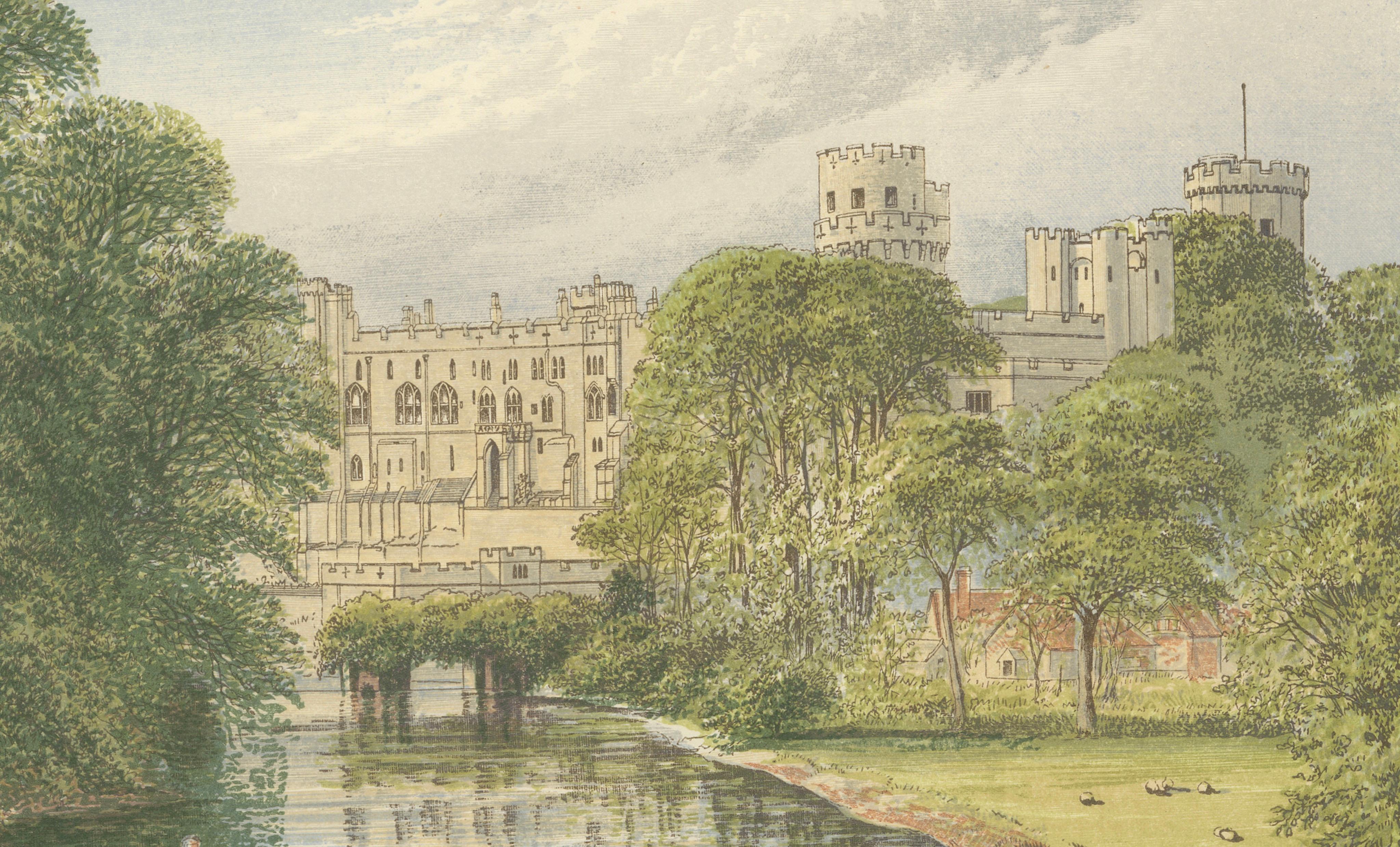Warwick Castle River View, English Castle Landscape Engraving, c1850