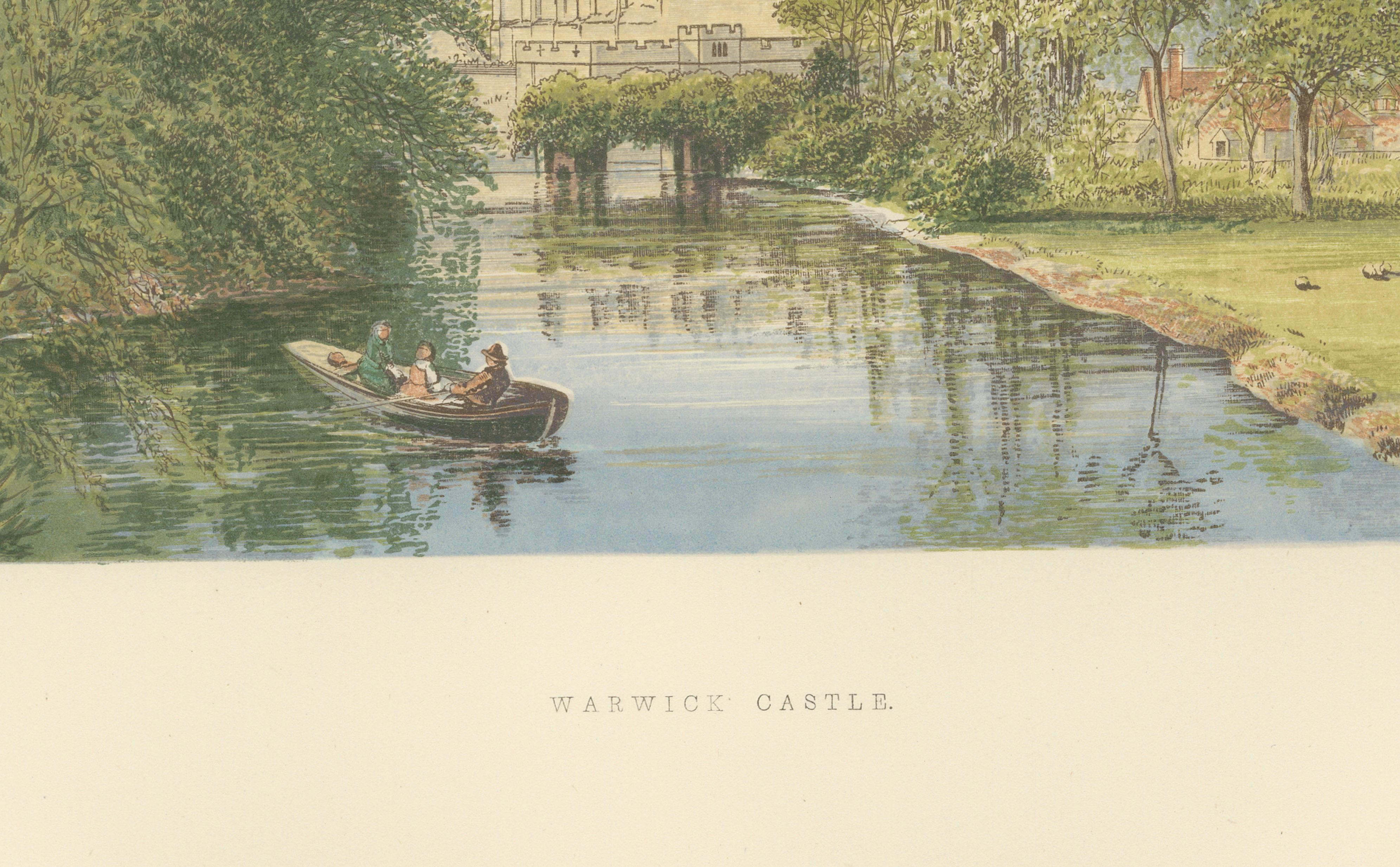 Warwick Castle River View, English Castle Landscape Engraving, c1850
