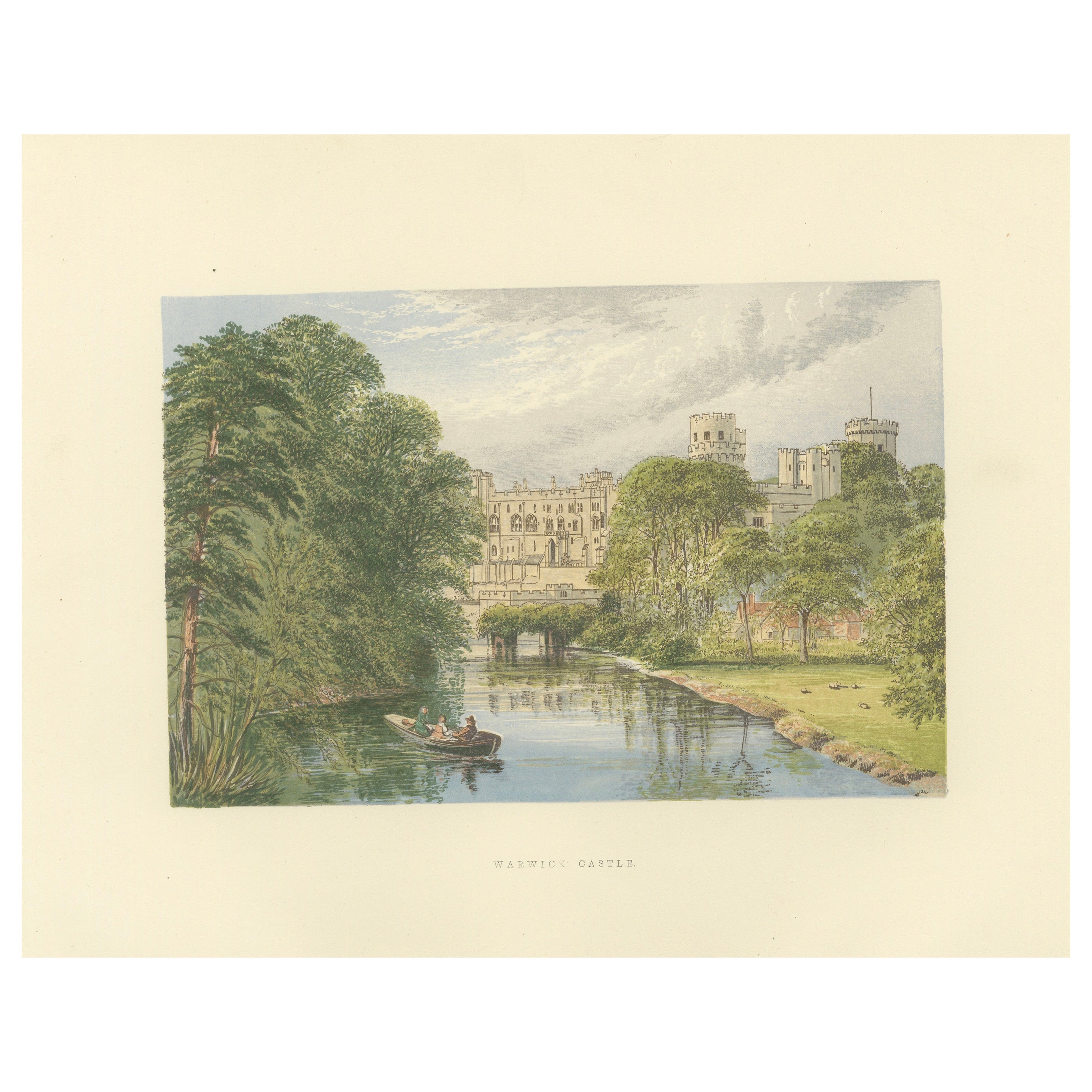 Warwick Castle River View, English Castle Landscape Engraving, c1850 For Sale